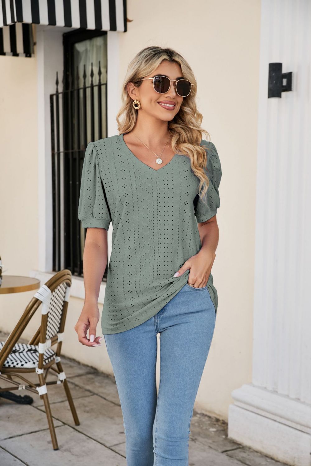 Eyelet Puff Sleeve V - Neck Top - Mervyns