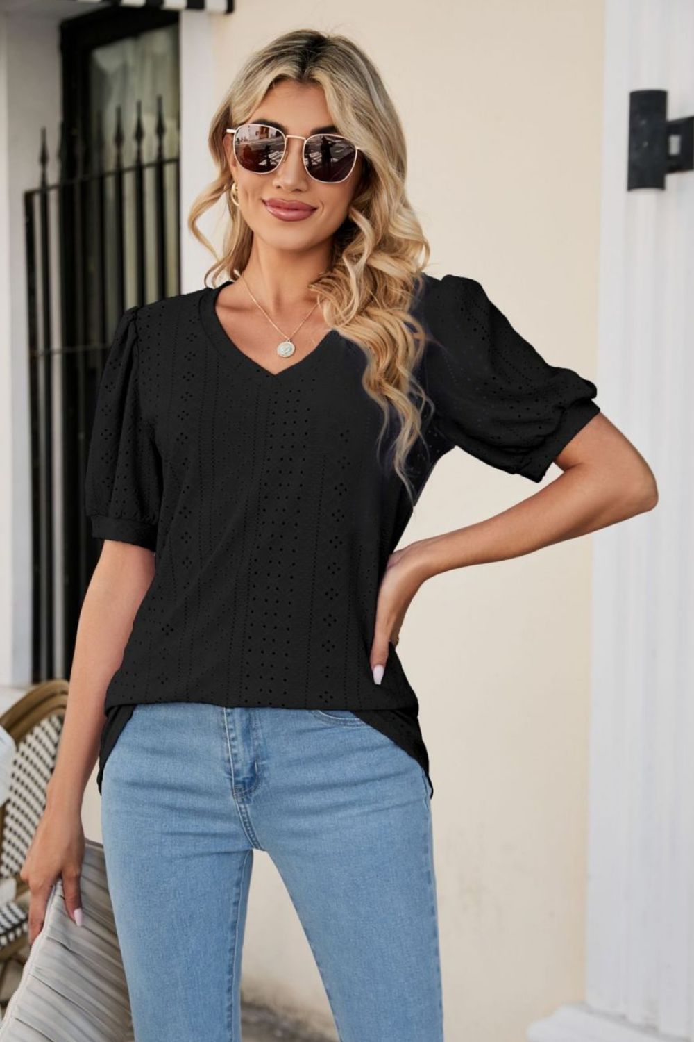 Eyelet Puff Sleeve V - Neck Top - Mervyns