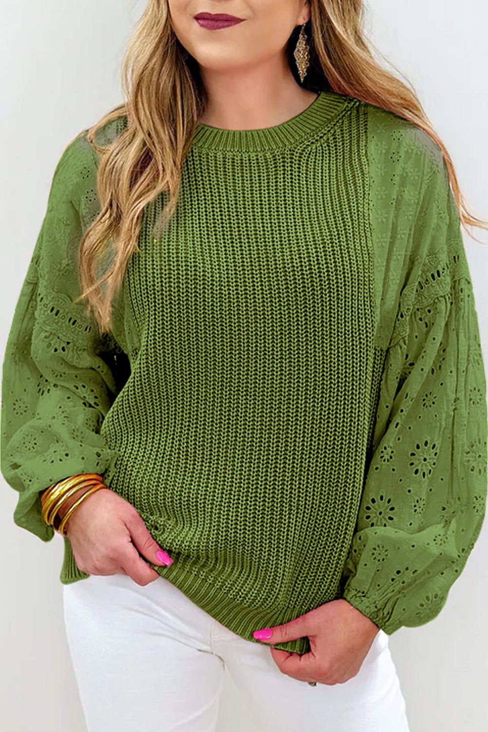 Eyelet Round Neck Drop Shoulder Sweater - Mervyns