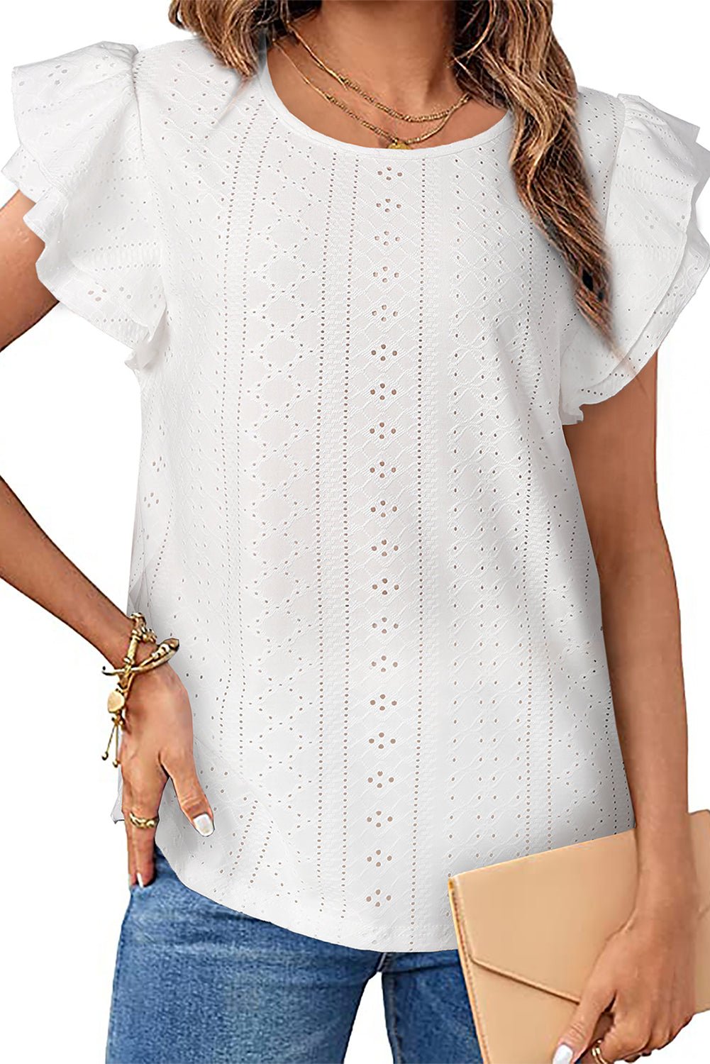 Eyelet Round Neck Flutter Sleeve Blouse - Mervyns