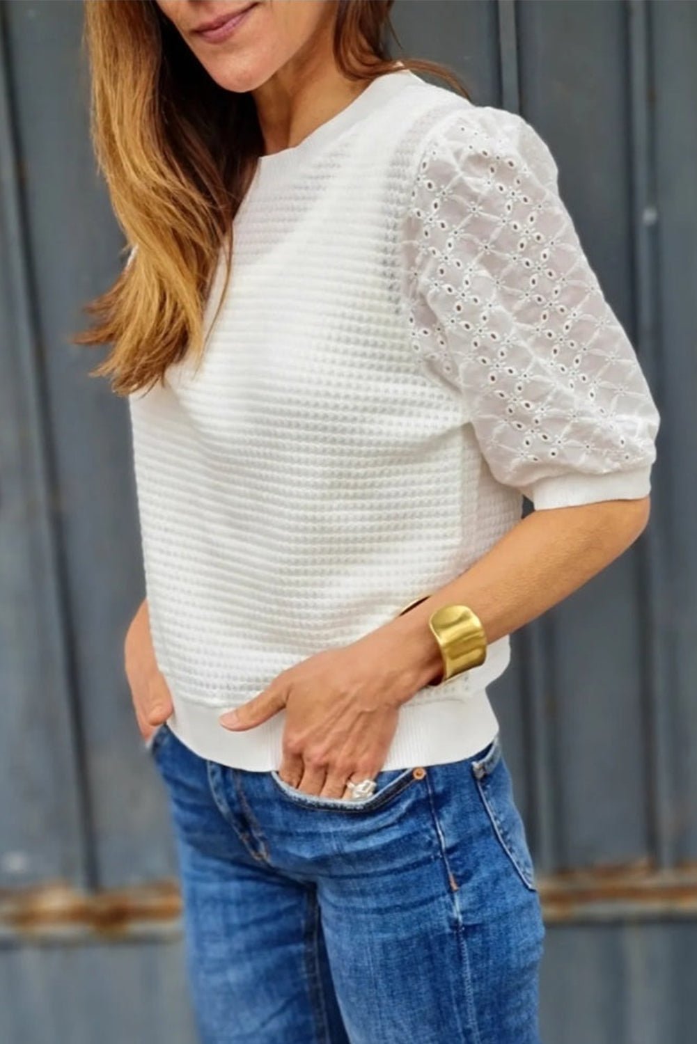 Eyelet Round Neck Half Sleeve Blouse - Mervyns