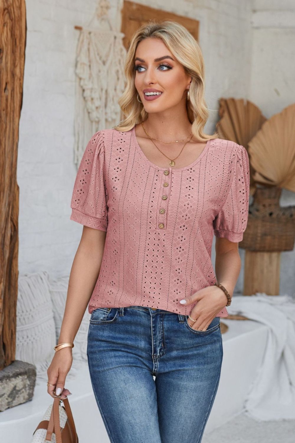 Eyelet Round Neck Short Sleeve Blouse - Mervyns