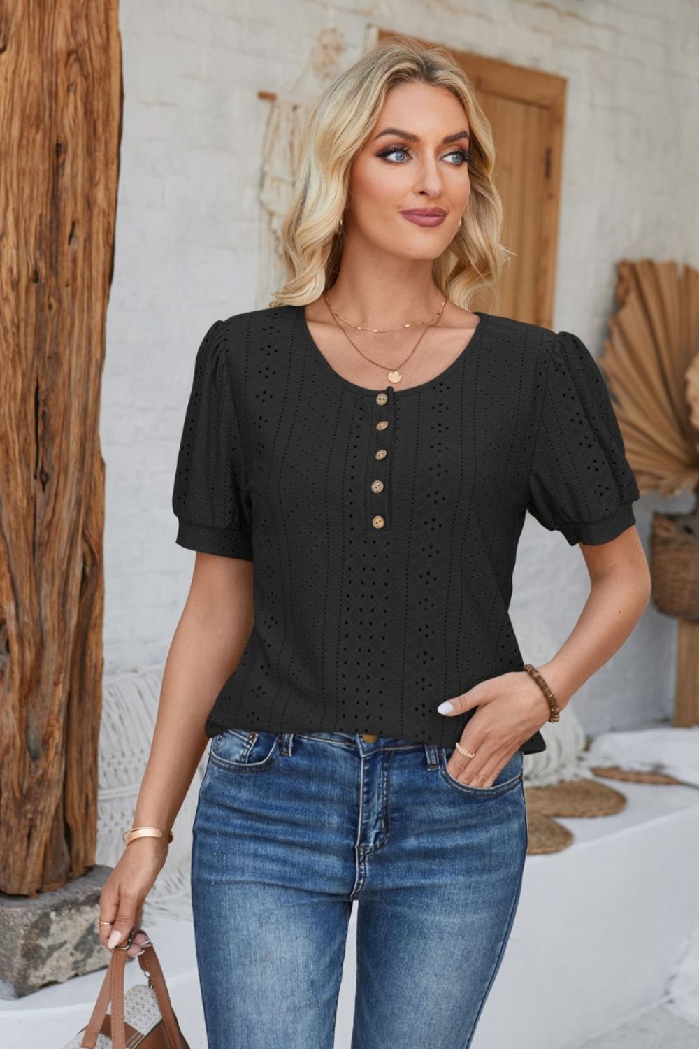 Eyelet Round Neck Short Sleeve Blouse - Mervyns