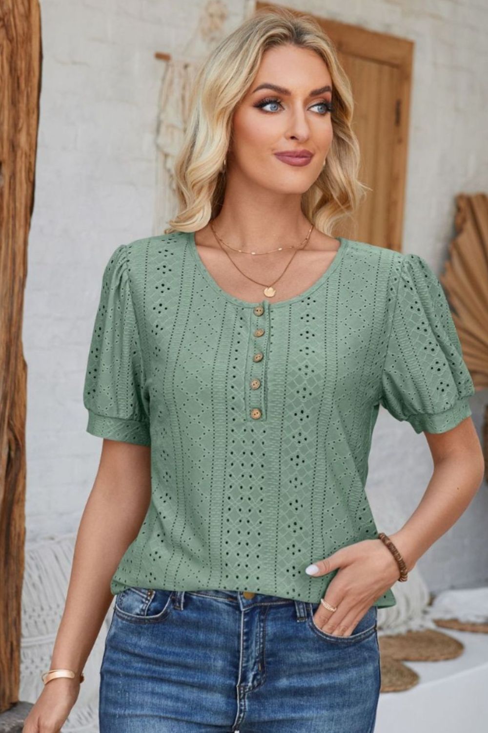 Eyelet Round Neck Short Sleeve Blouse - Mervyns