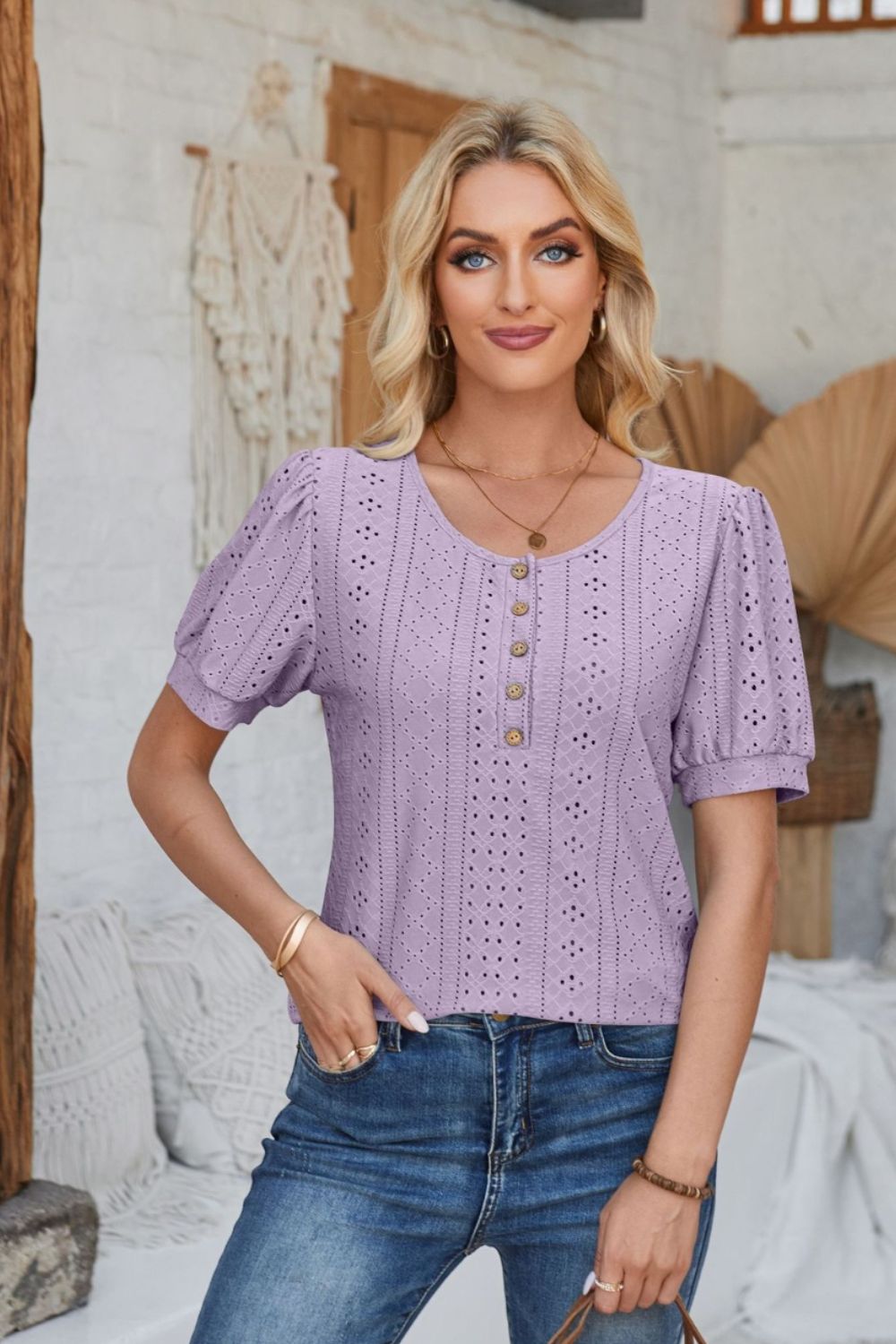 Eyelet Round Neck Short Sleeve Blouse - Mervyns