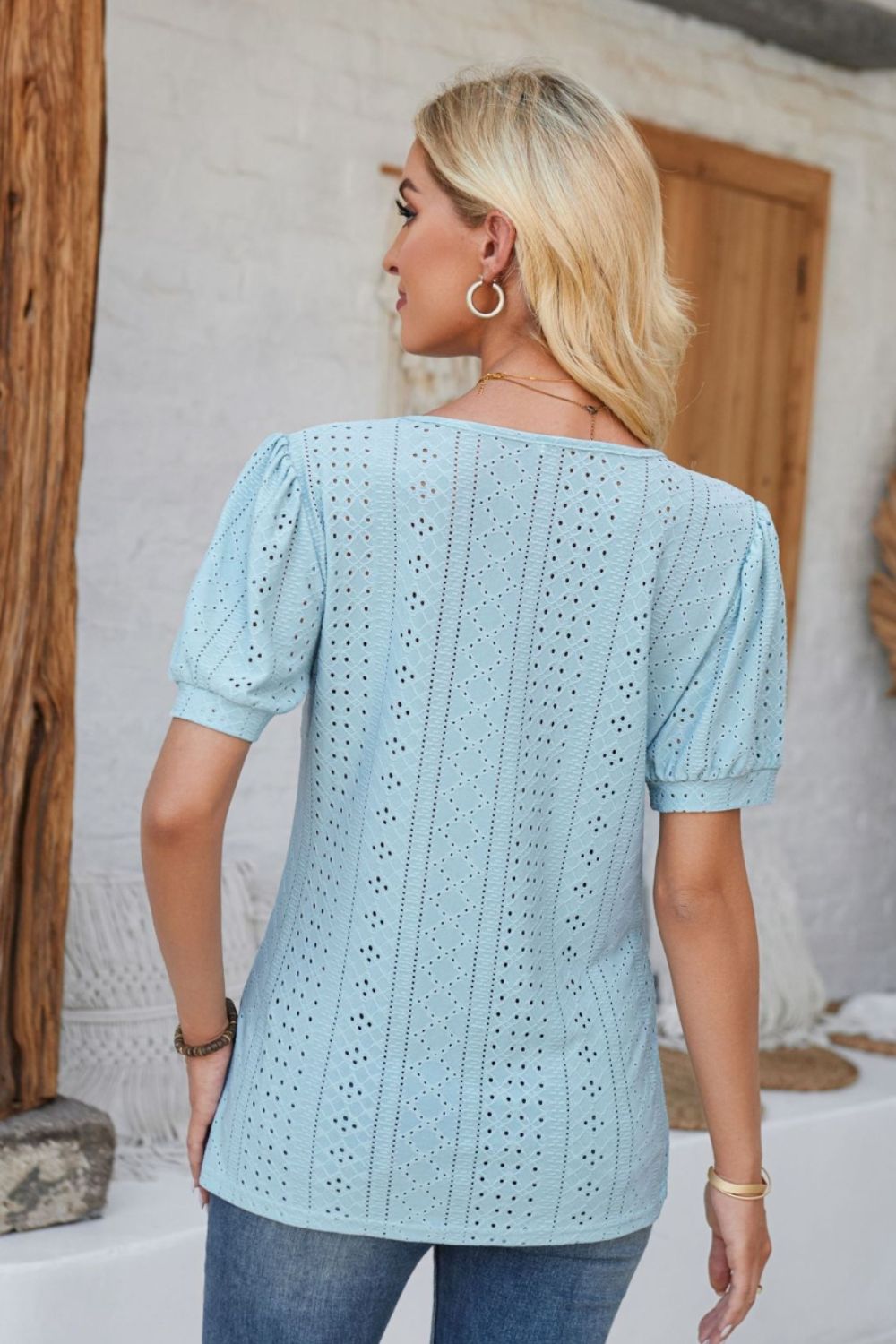 Eyelet Round Neck Short Sleeve Blouse - Mervyns