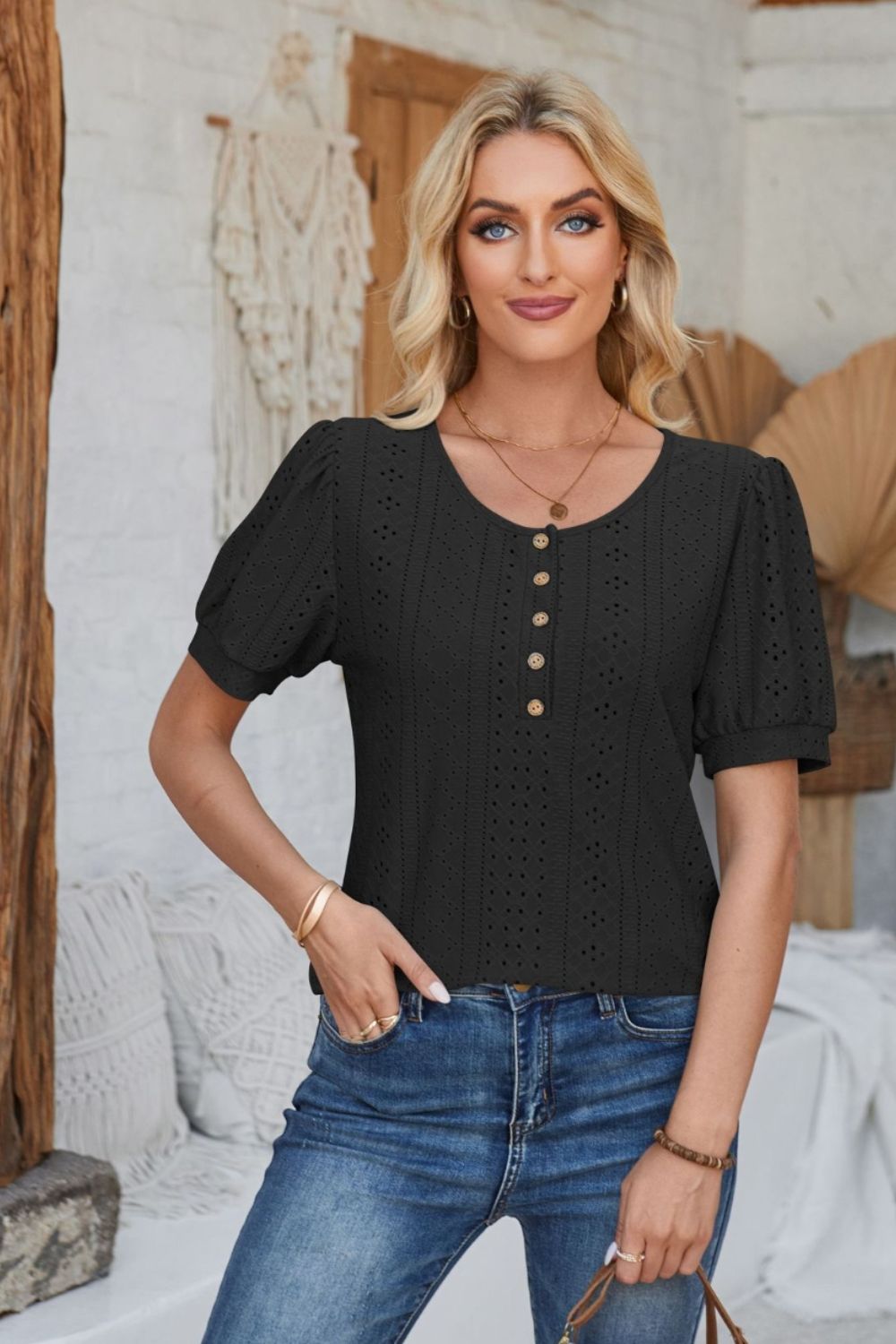 Eyelet Round Neck Short Sleeve Blouse - Mervyns