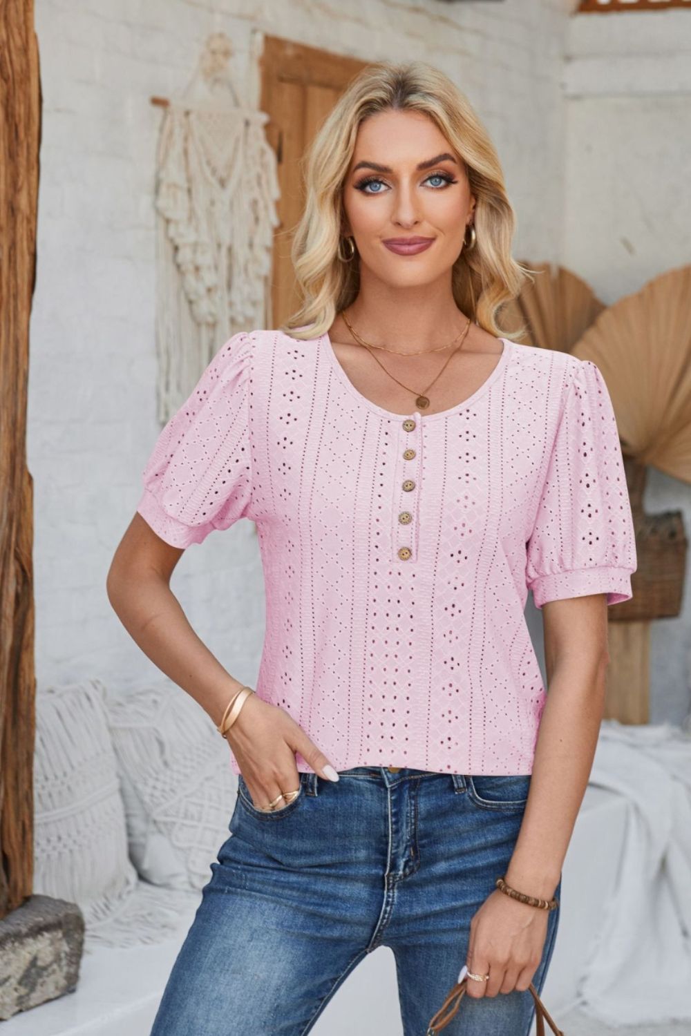 Eyelet Round Neck Short Sleeve Blouse - Mervyns