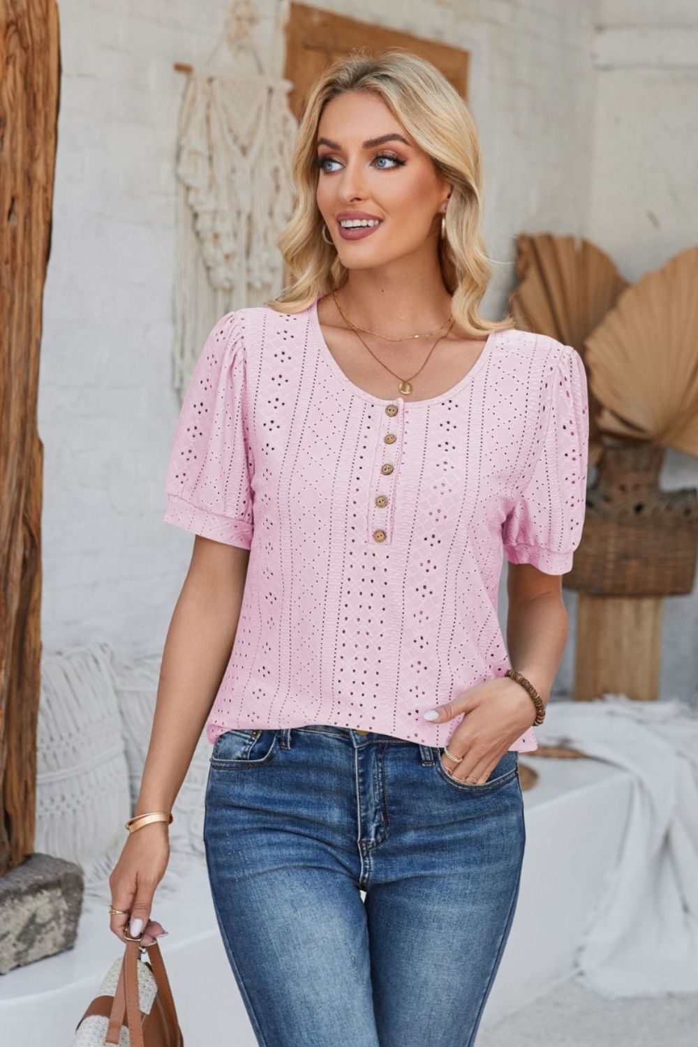 Eyelet Round Neck Short Sleeve Blouse - Mervyns