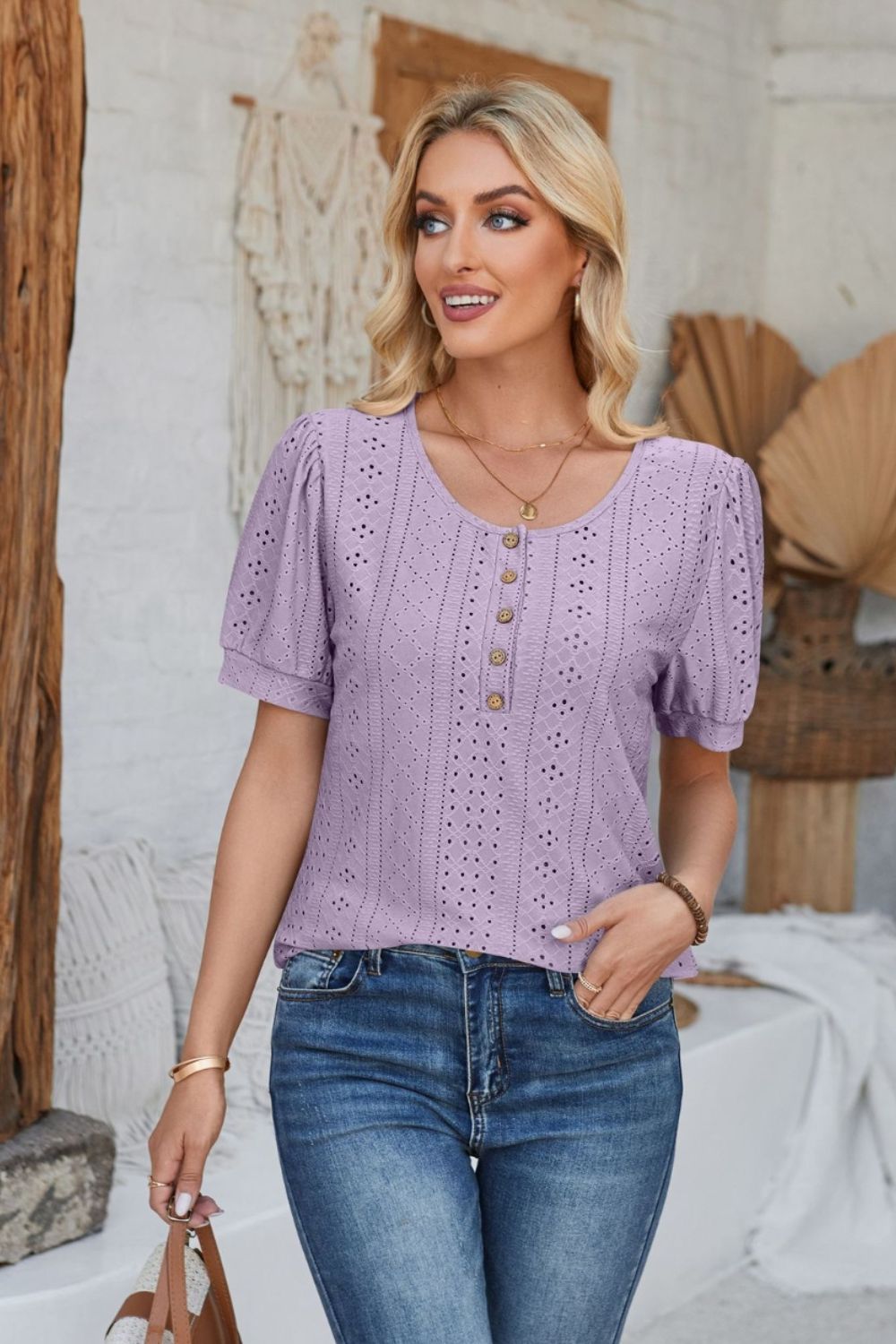 Eyelet Round Neck Short Sleeve Blouse - Mervyns