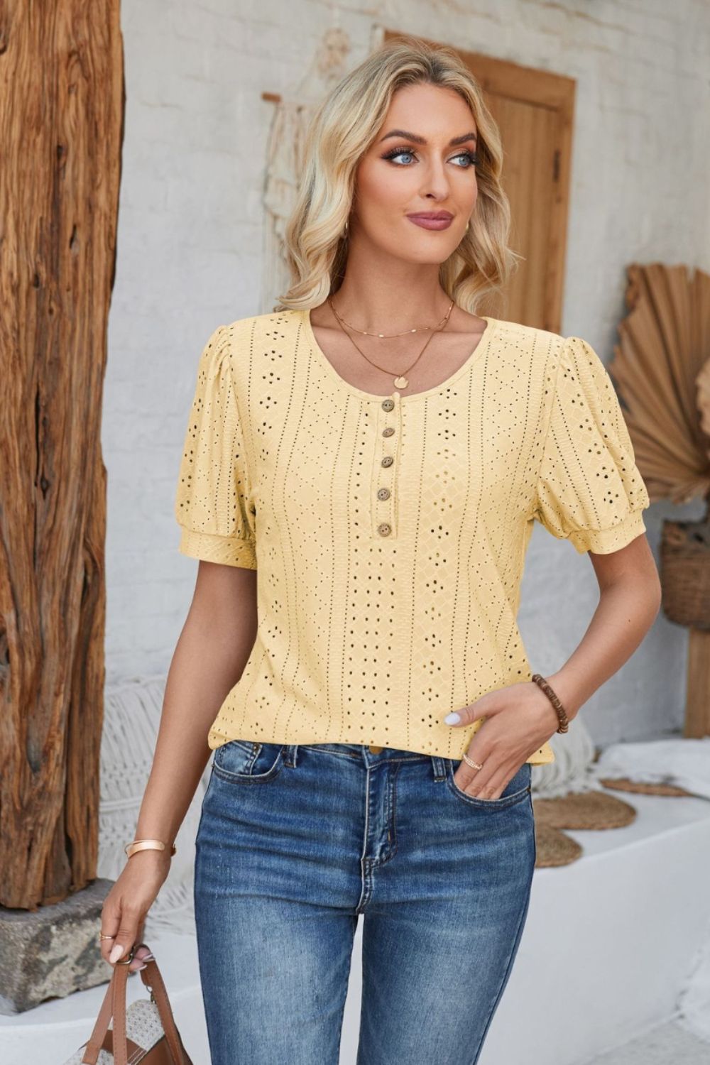 Eyelet Round Neck Short Sleeve Blouse - Mervyns