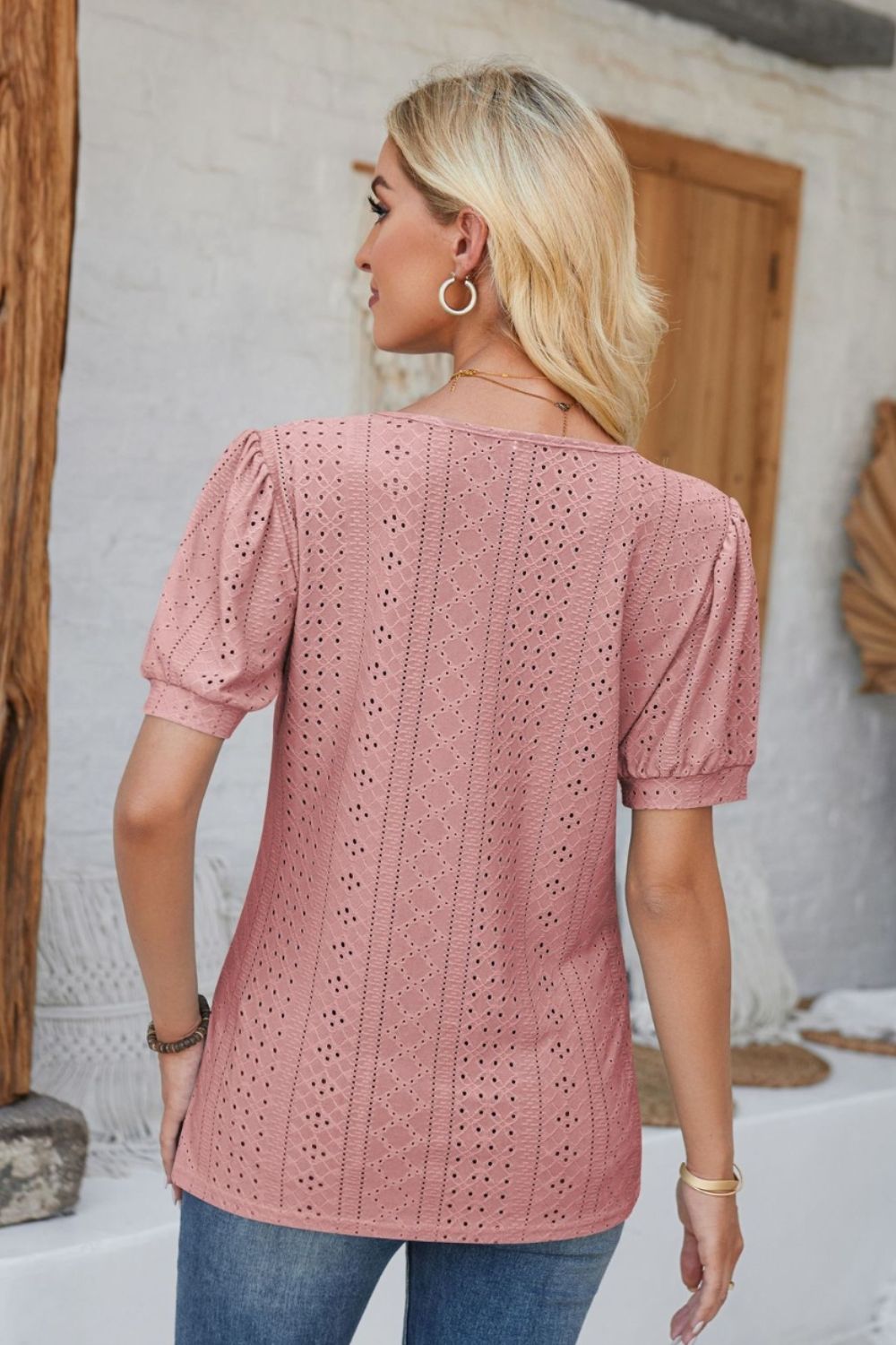 Eyelet Round Neck Short Sleeve Blouse - Mervyns