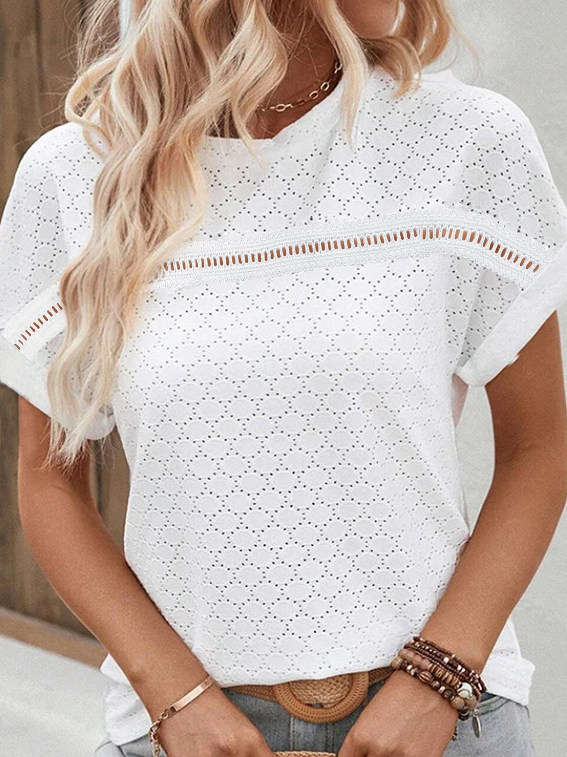 Eyelet Round Neck Short Sleeve Blouse - Mervyns