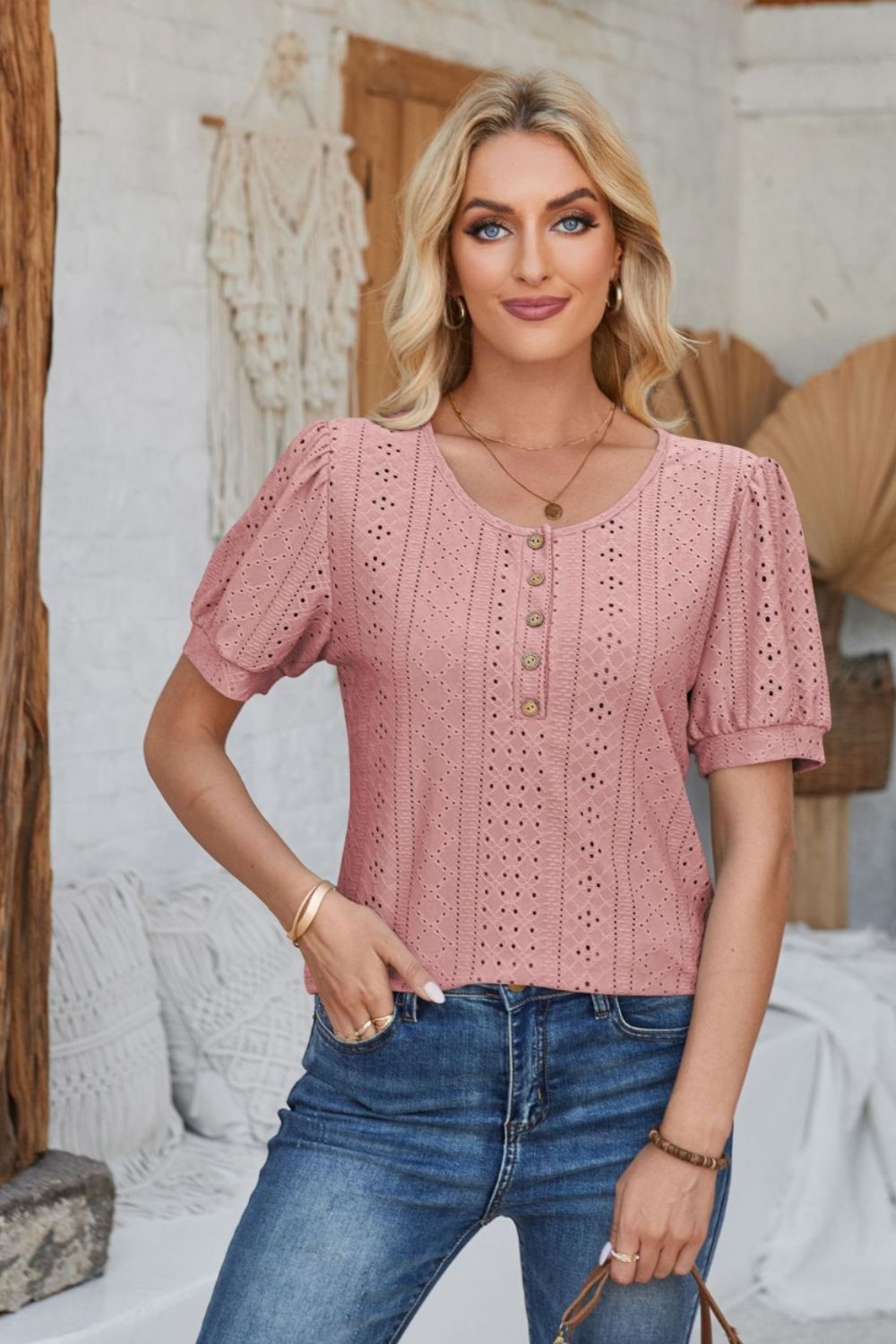 Eyelet Round Neck Short Sleeve Blouse - Mervyns