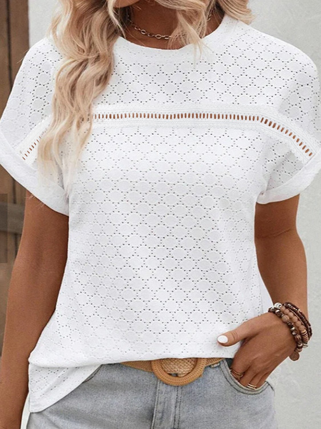 Eyelet Round Neck Short Sleeve Blouse - Mervyns