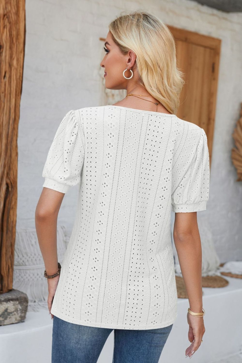 Eyelet Round Neck Short Sleeve Blouse - Mervyns