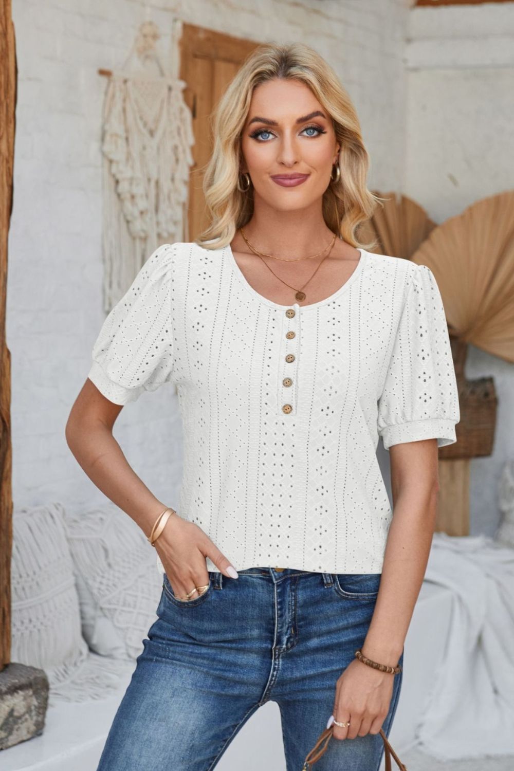 Eyelet Round Neck Short Sleeve Blouse - Mervyns