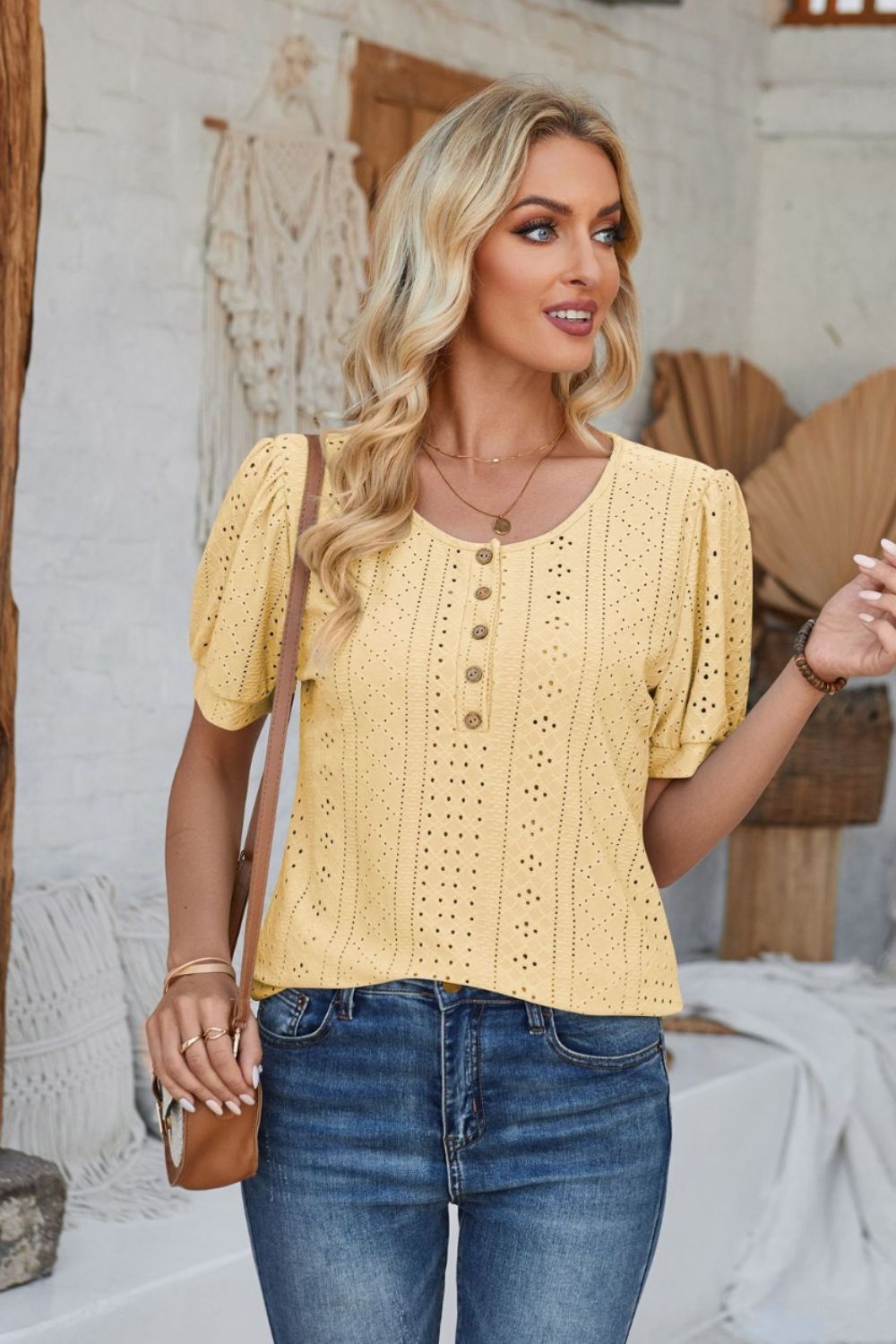 Eyelet Round Neck Short Sleeve Blouse - Mervyns