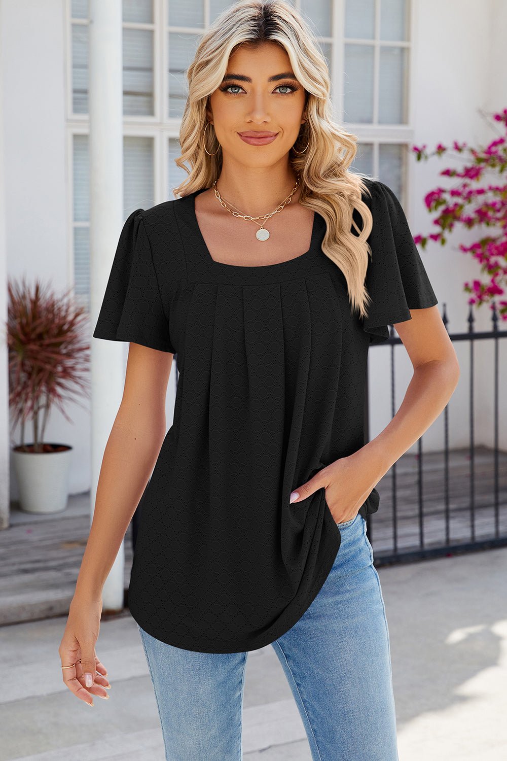 Eyelet Square Neck Flutter Sleeve Blouse - Mervyns