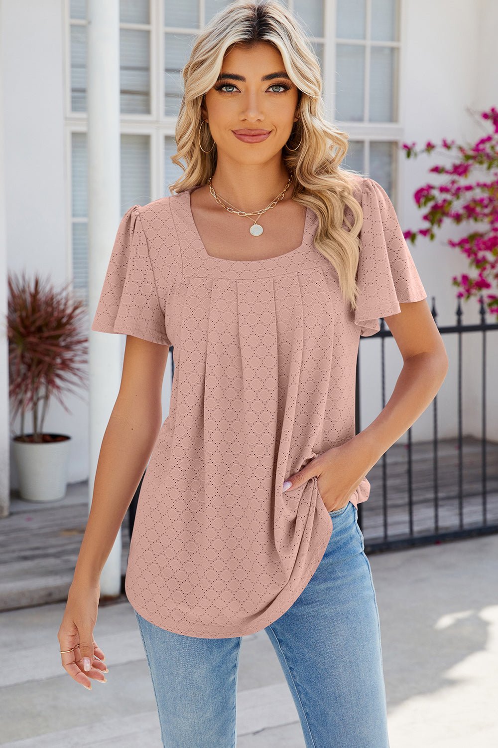 Eyelet Square Neck Flutter Sleeve Blouse - Mervyns