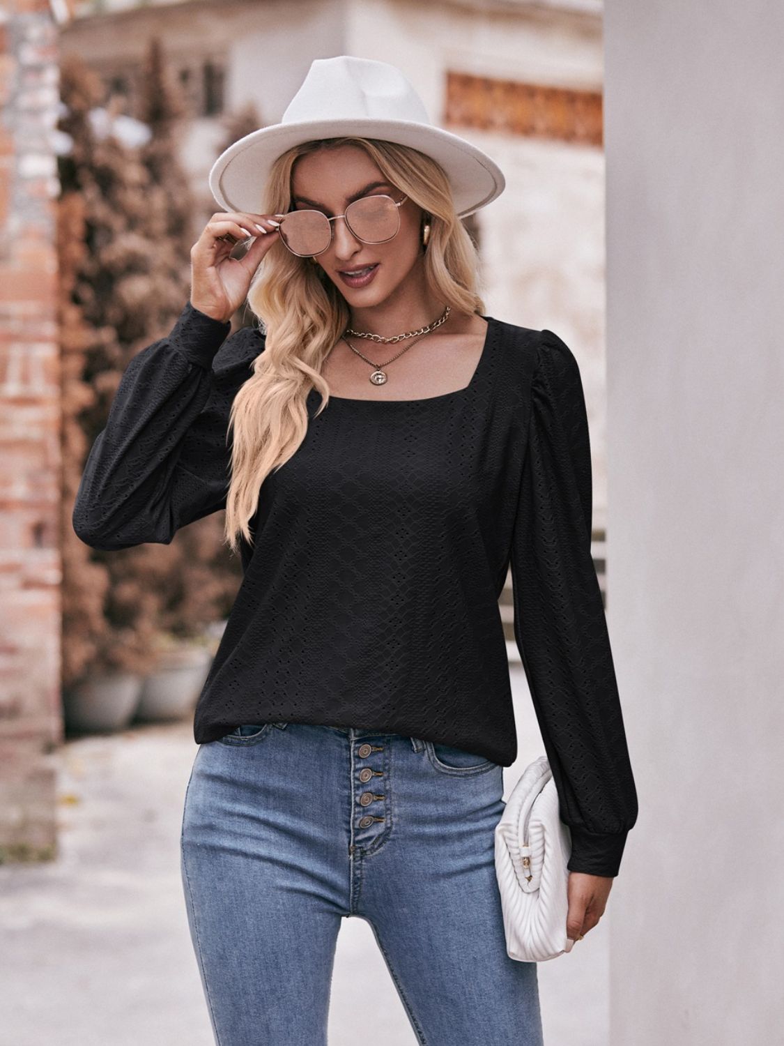 Eyelet Square Neck Puff Sleeve Blouse - Mervyns