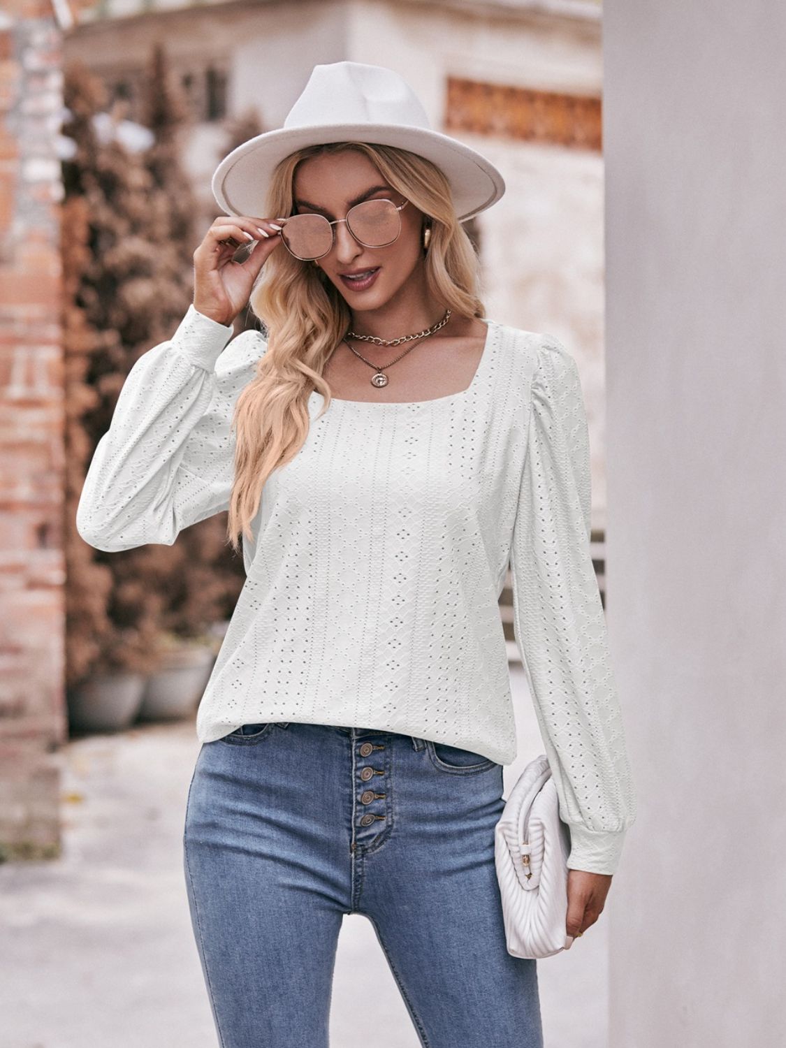 Eyelet Square Neck Puff Sleeve Blouse - Mervyns