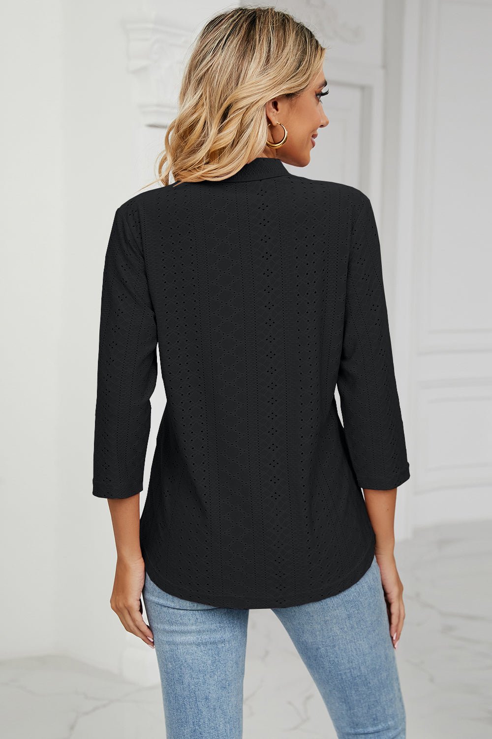 Eyelet Three - Quarter Sleeve Blouse - Mervyns