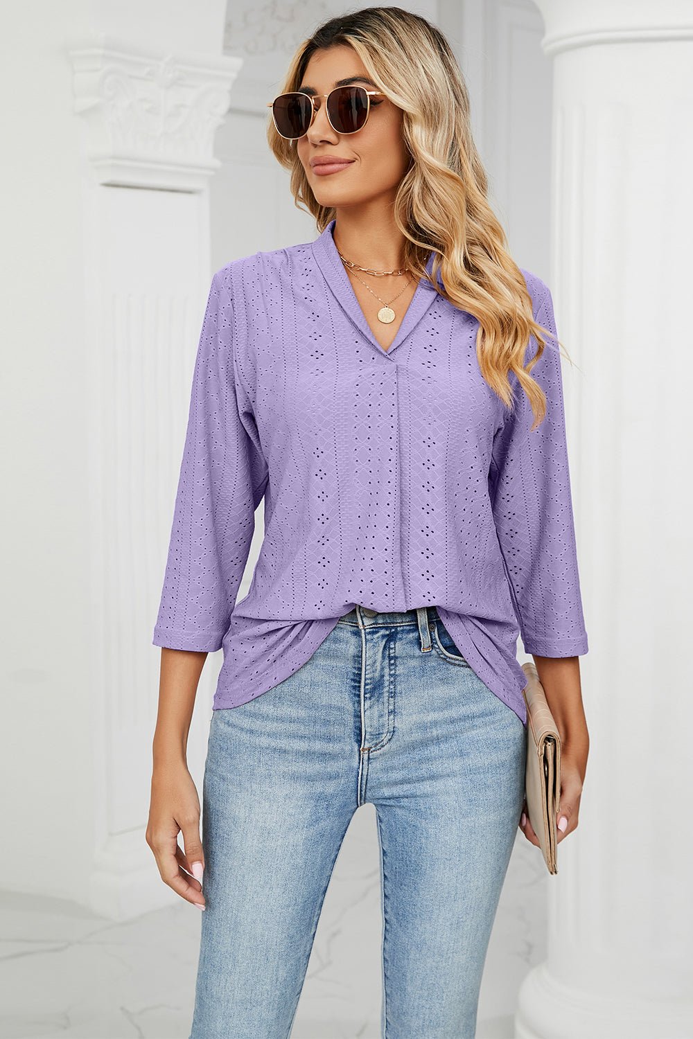 Eyelet Three - Quarter Sleeve Blouse - Mervyns