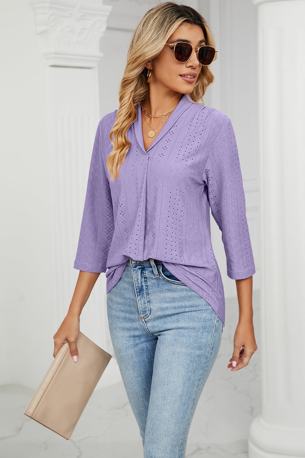 Eyelet Three - Quarter Sleeve Blouse - Mervyns