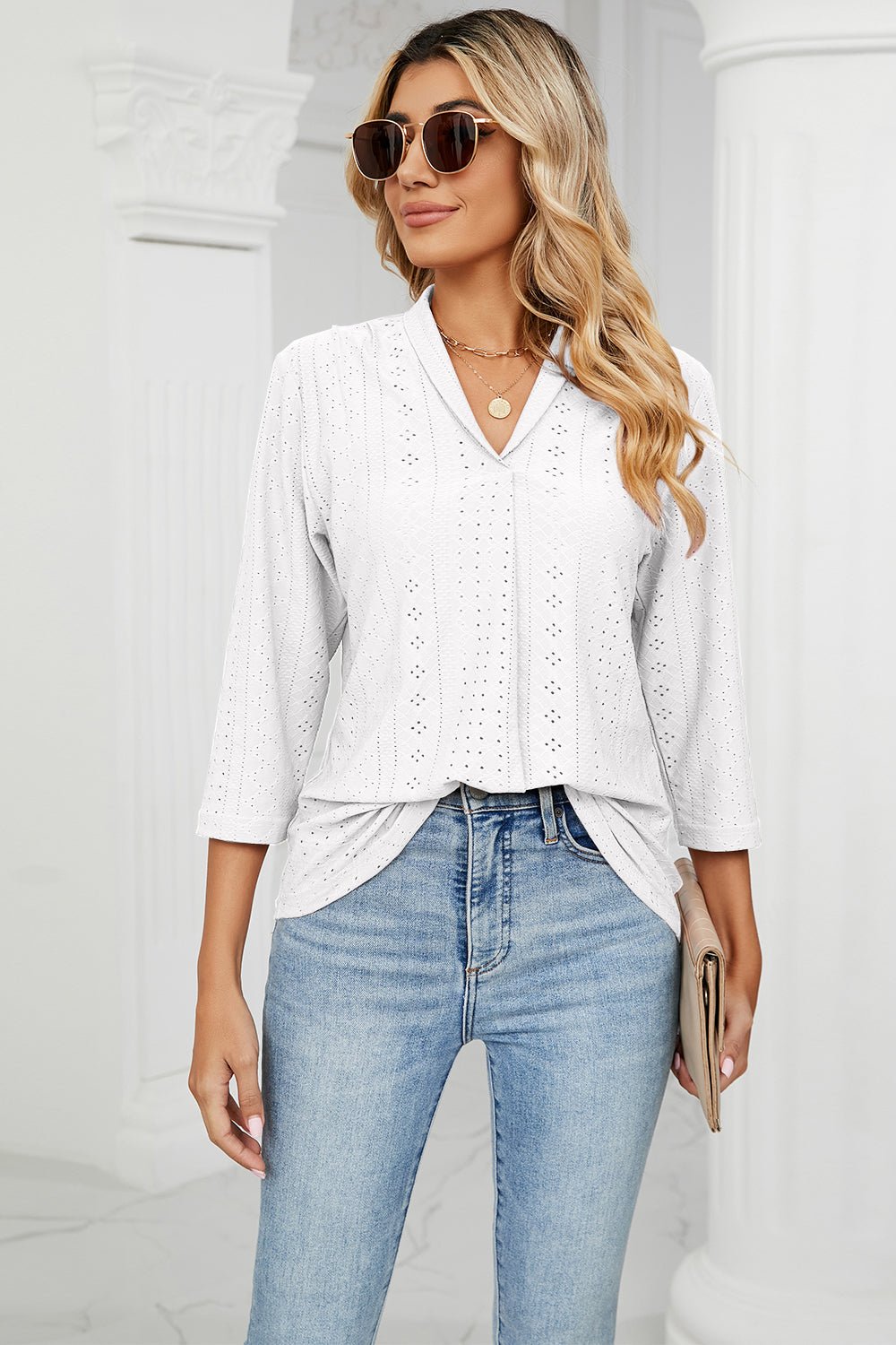 Eyelet Three - Quarter Sleeve Blouse - Mervyns