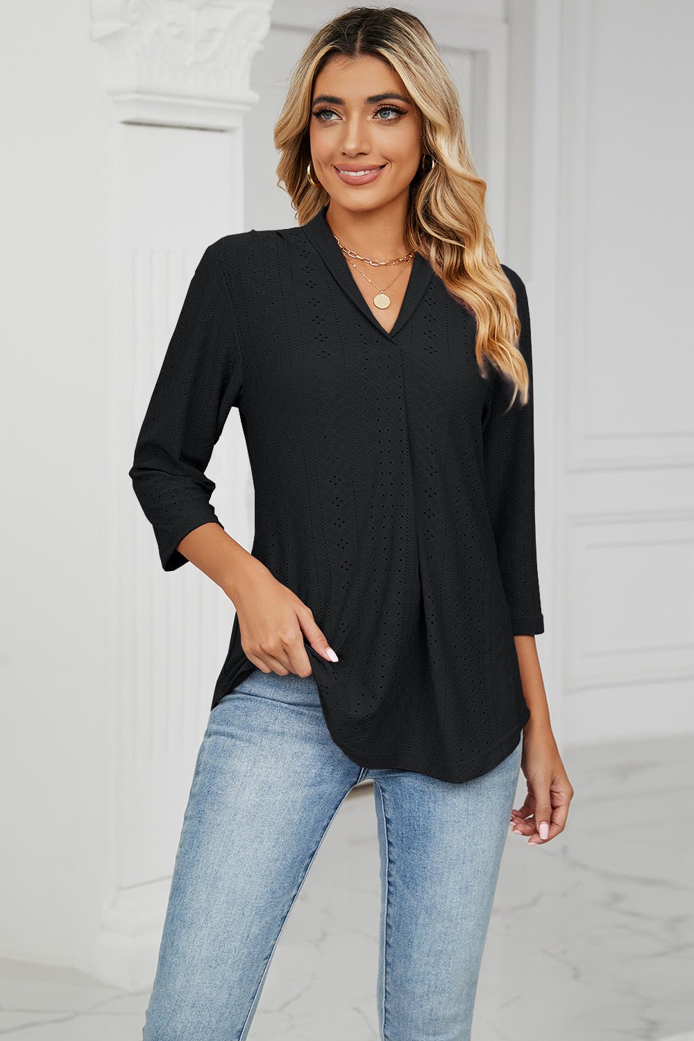 Eyelet Three - Quarter Sleeve Blouse - Mervyns