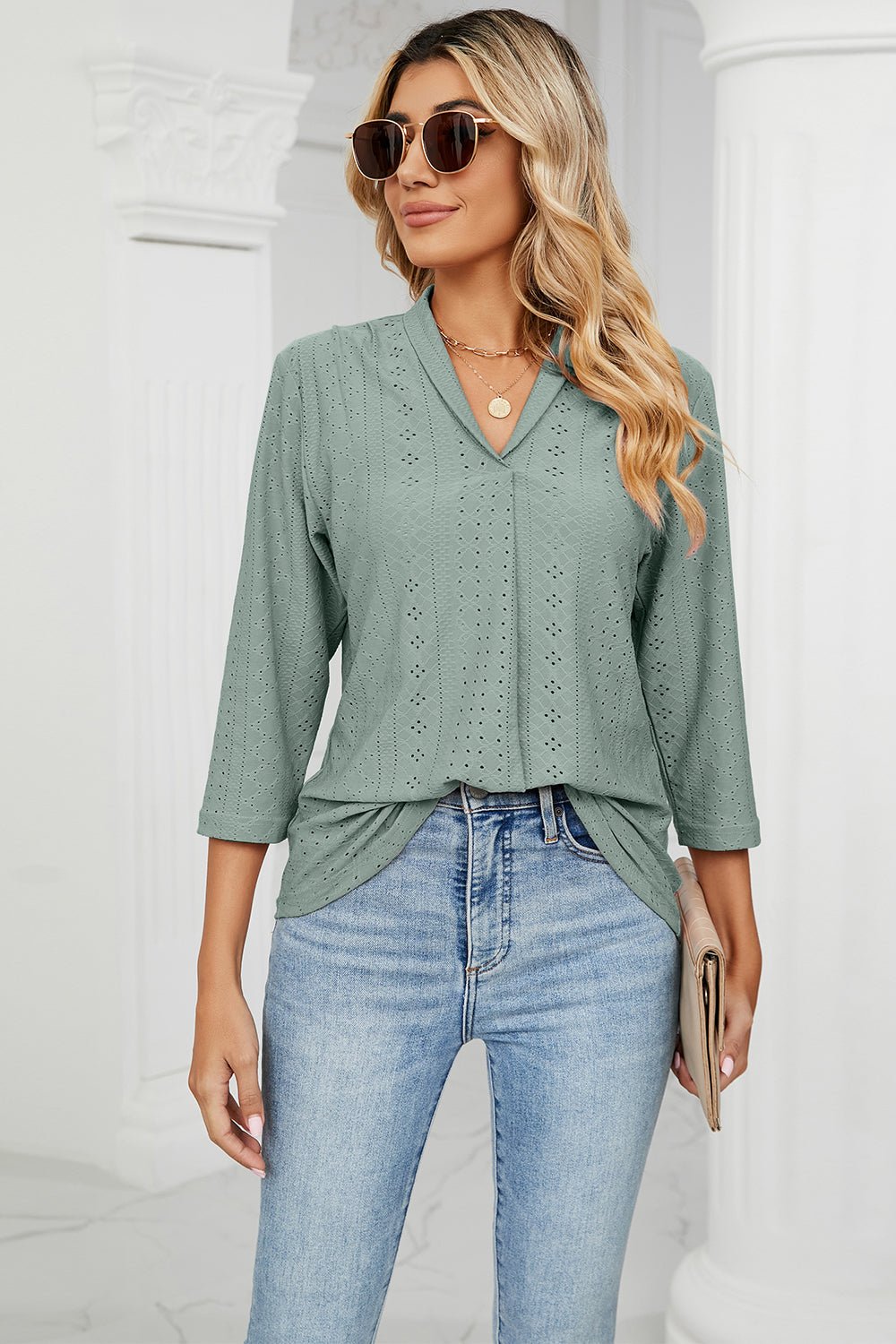 Eyelet Three - Quarter Sleeve Blouse - Mervyns