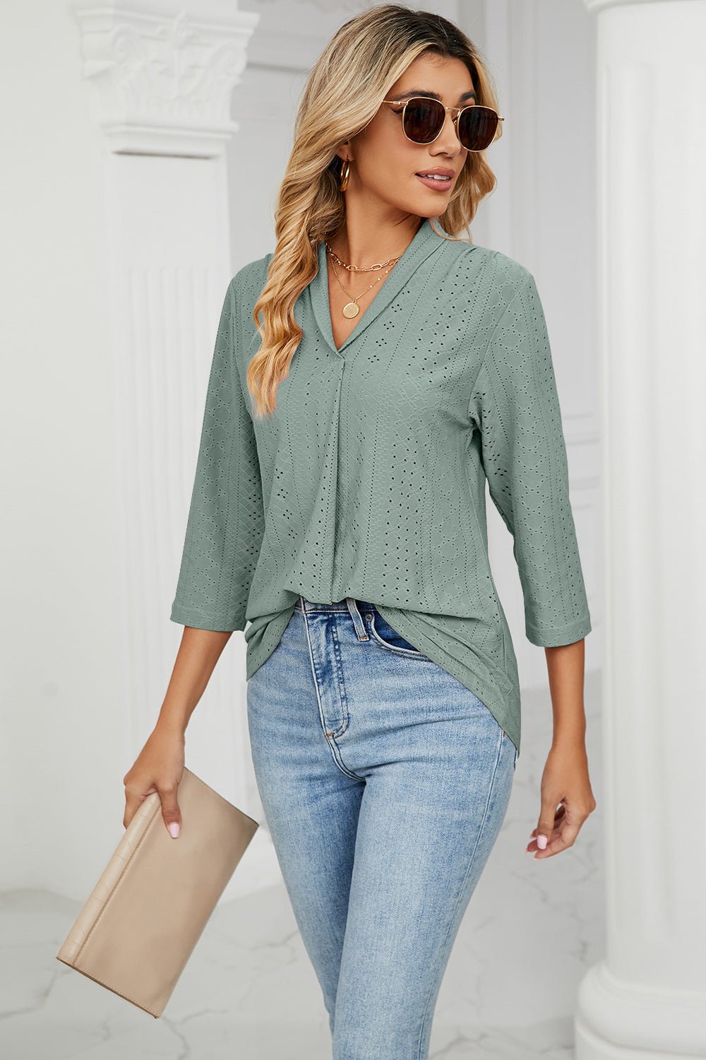 Eyelet Three - Quarter Sleeve Blouse - Mervyns