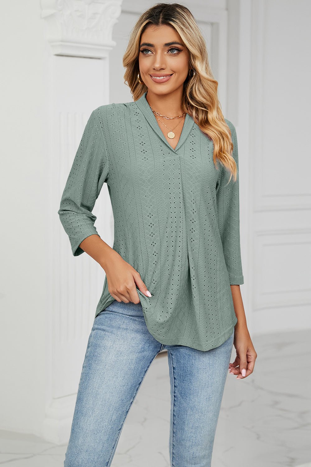 Eyelet Three - Quarter Sleeve Blouse - Mervyns