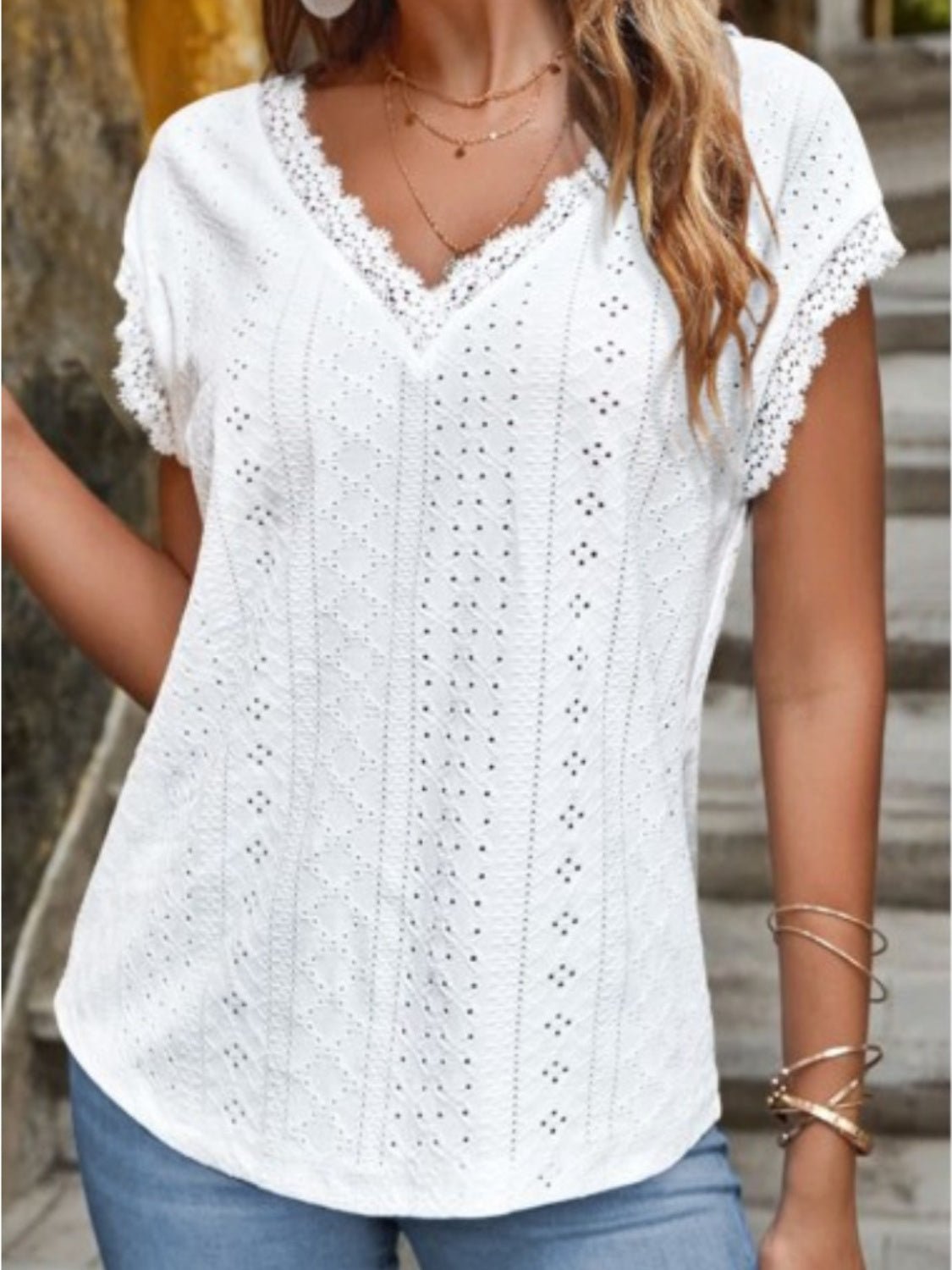 Eyelet V - Neck Cap Sleeve Blouse - Mervyns