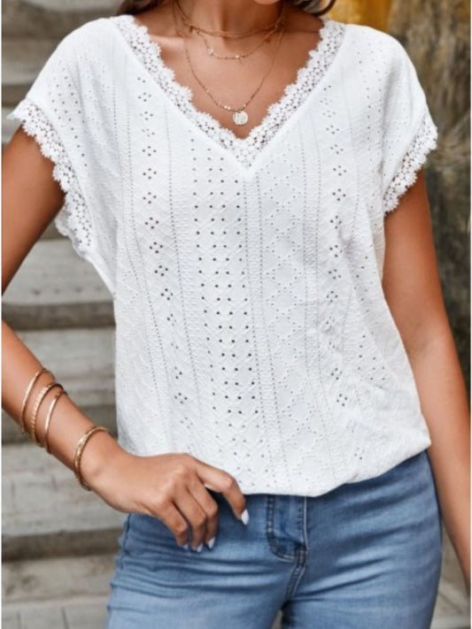 Eyelet V - Neck Cap Sleeve Blouse - Mervyns