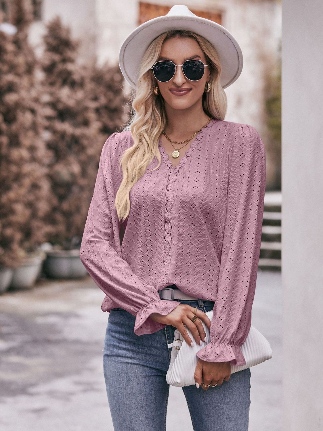 Eyelet V - Neck Flounce Sleeve Blouse - Mervyns