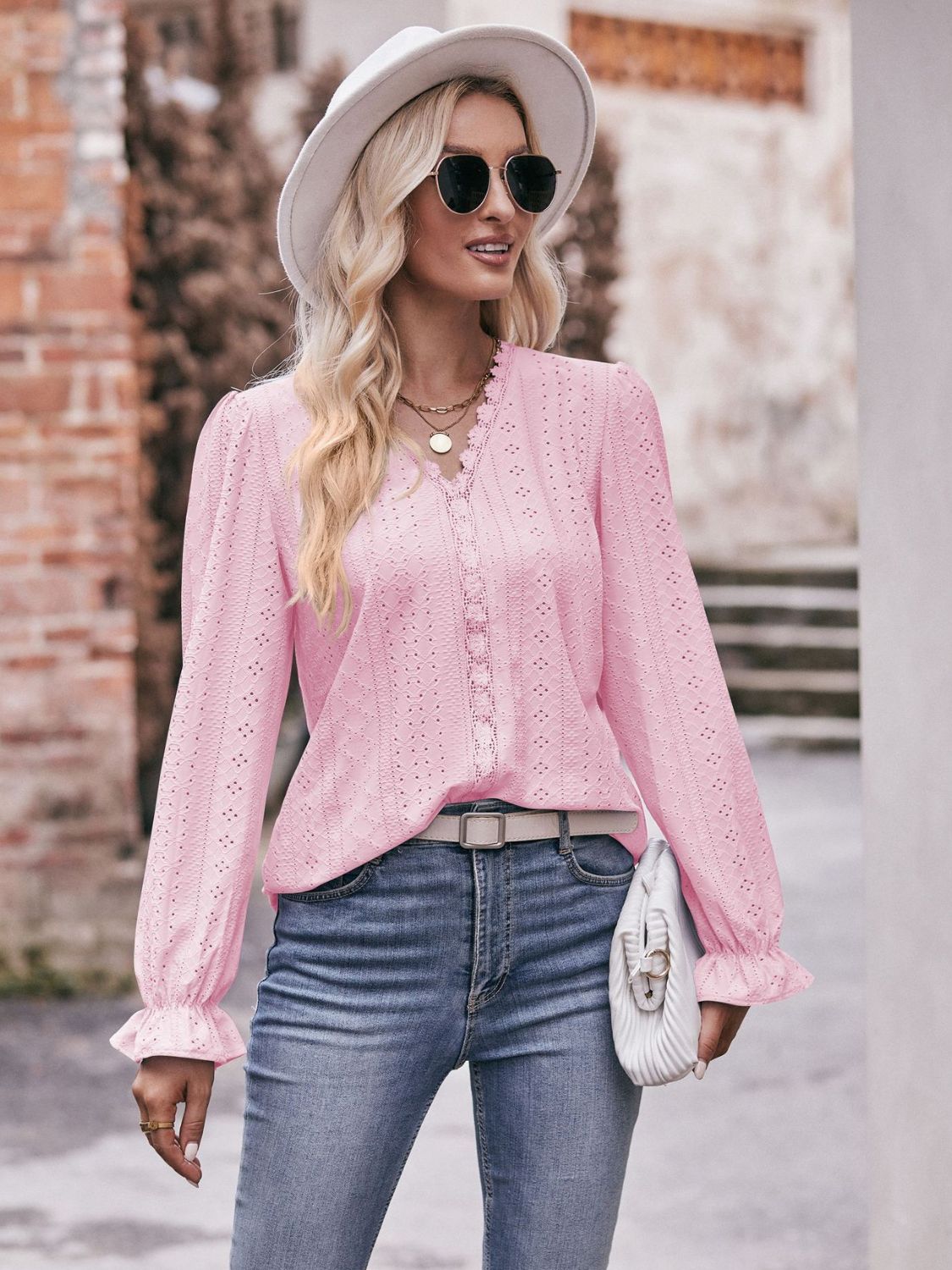 Eyelet V - Neck Flounce Sleeve Blouse - Mervyns