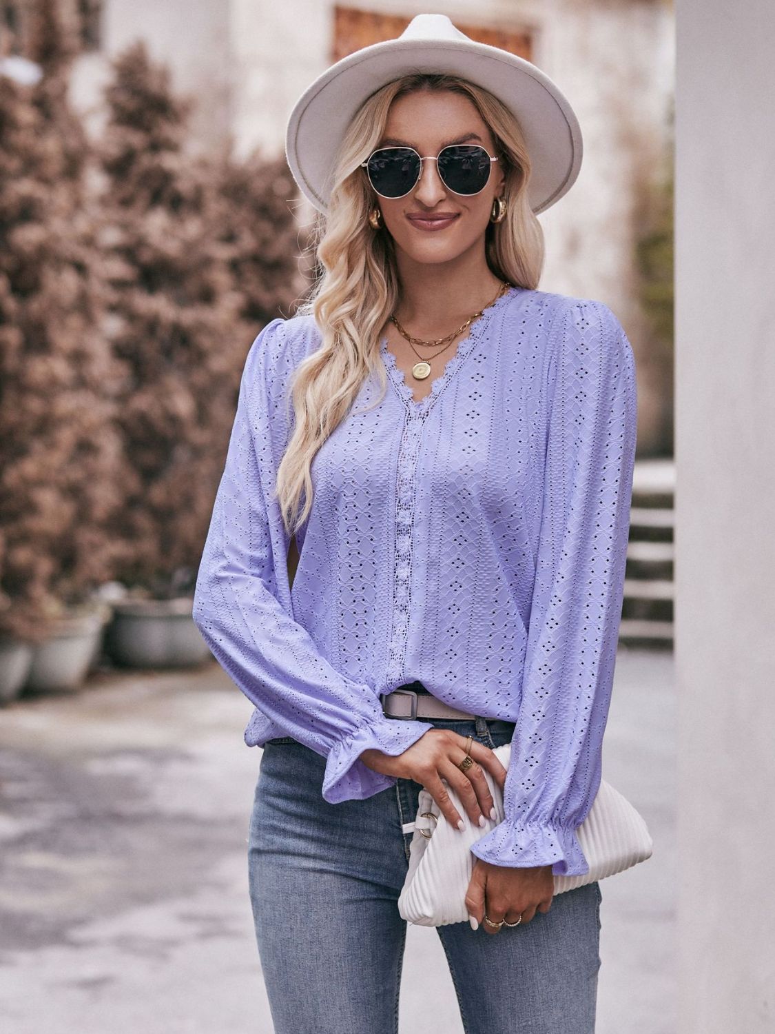 Eyelet V - Neck Flounce Sleeve Blouse - Mervyns