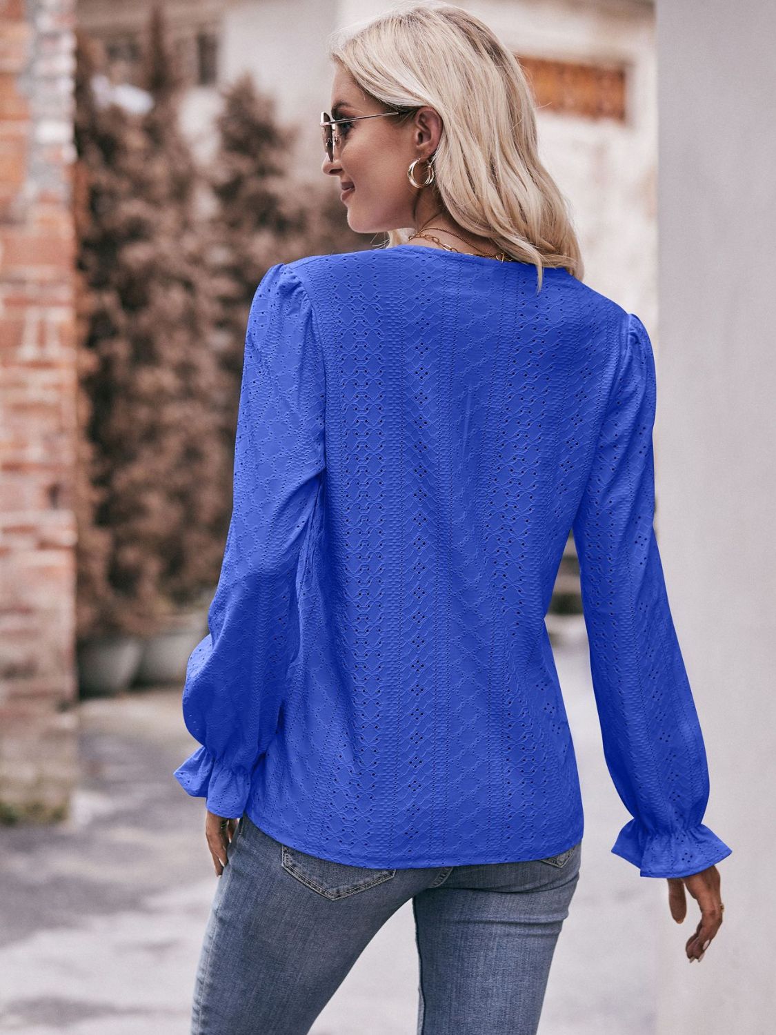 Eyelet V - Neck Flounce Sleeve Blouse - Mervyns