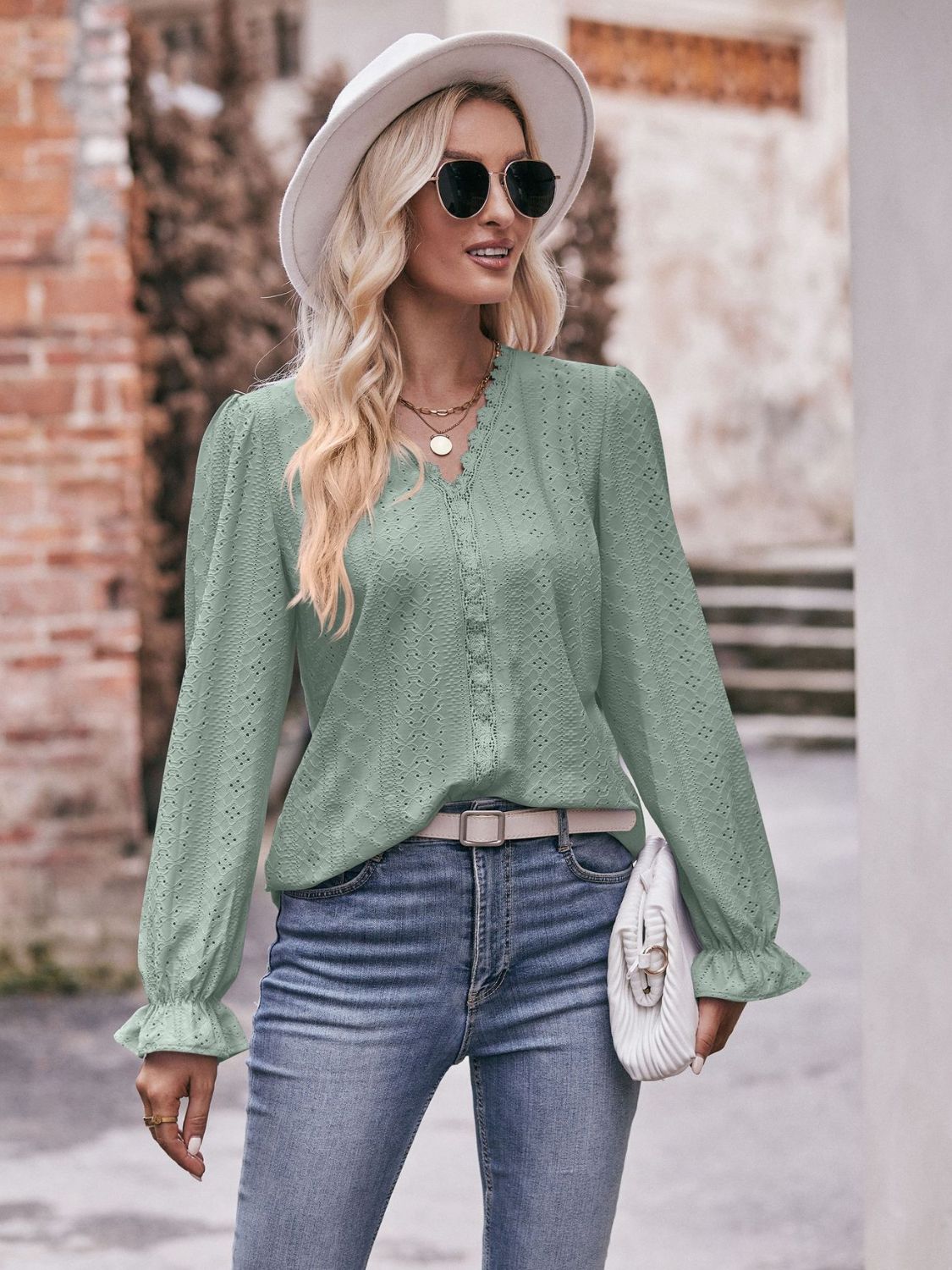 Eyelet V - Neck Flounce Sleeve Blouse - Mervyns