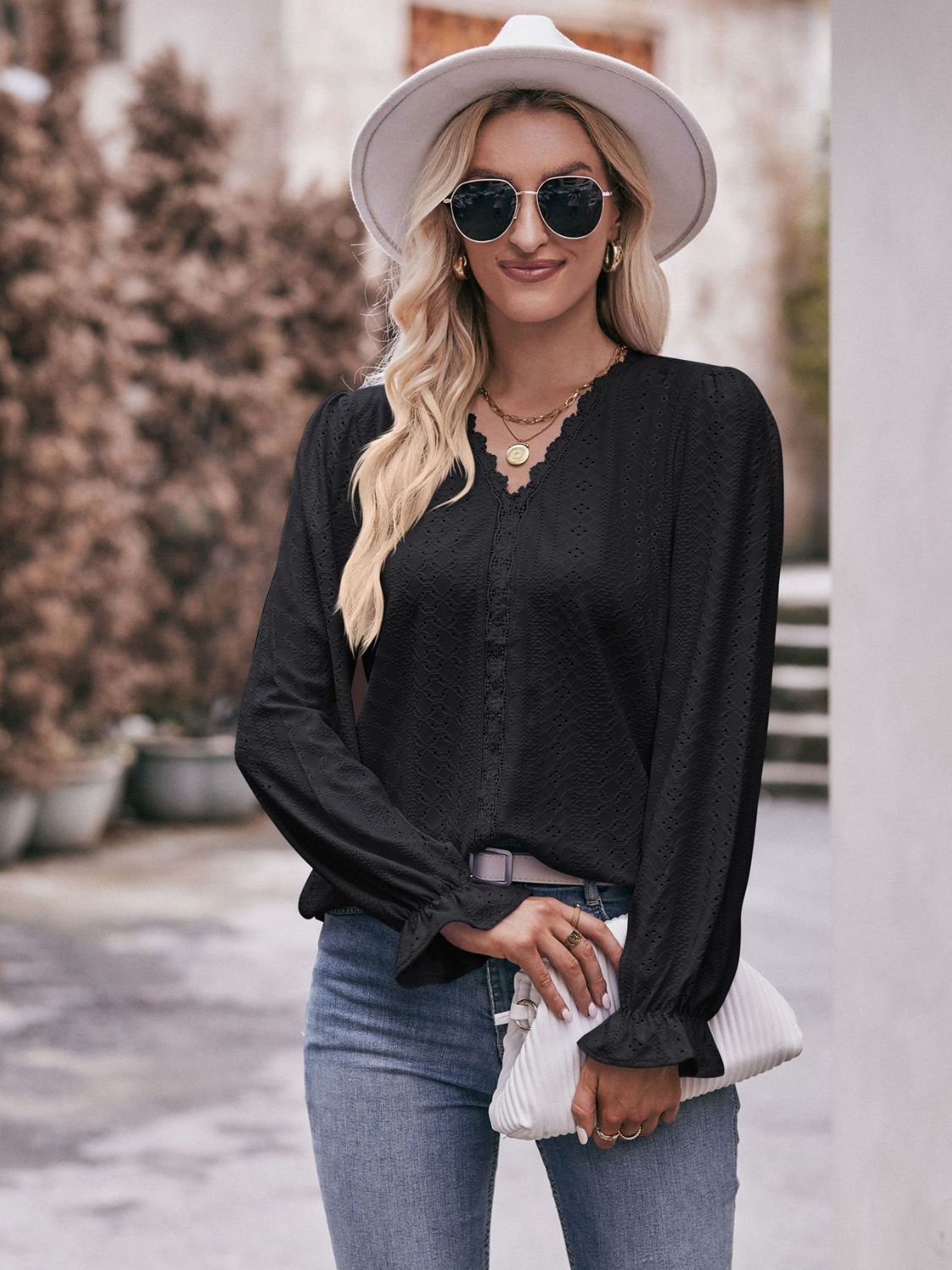 Eyelet V - Neck Flounce Sleeve Blouse - Mervyns