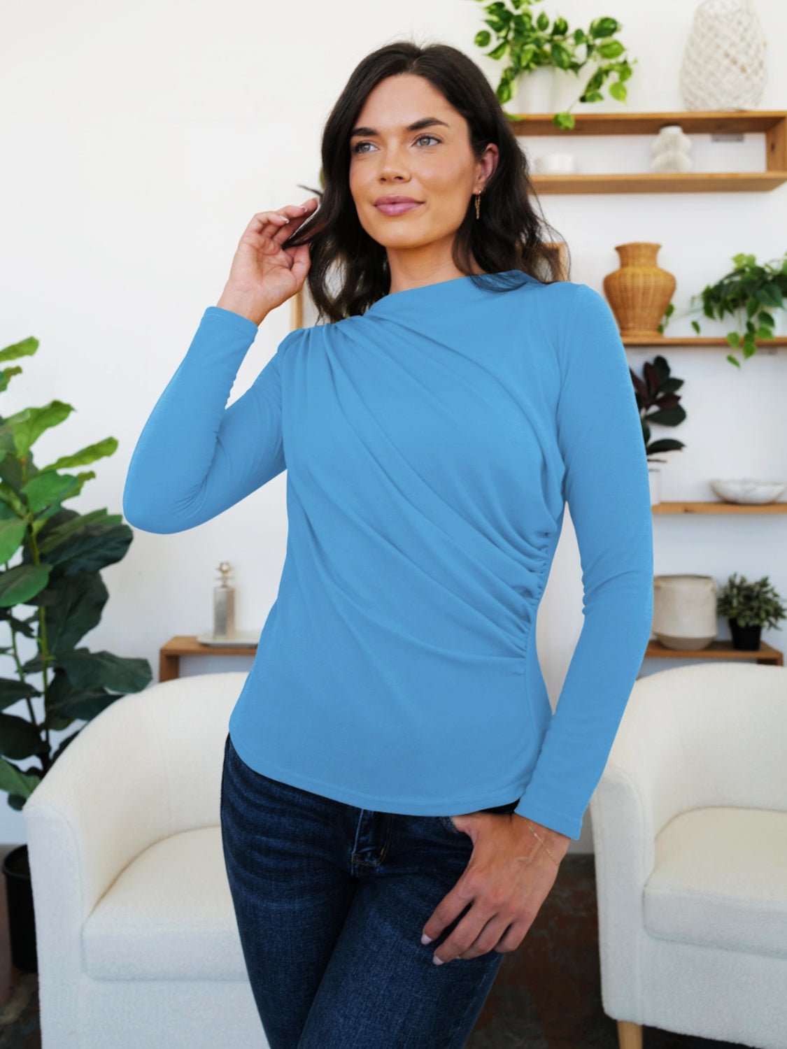 FAM - FAM Ruched Mock Neck Long Sleeve T-Shirt - Mervyns