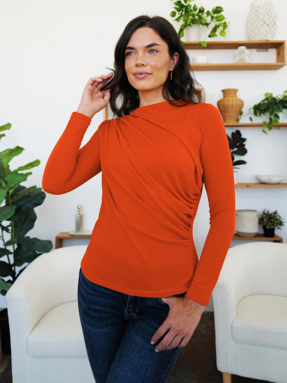 FAM - FAM Ruched Mock Neck Long Sleeve T-Shirt - Mervyns