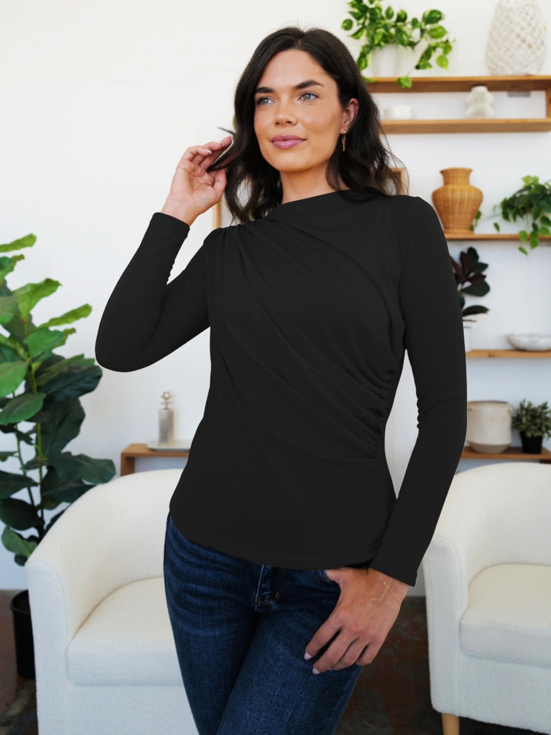 FAM - FAM Ruched Mock Neck Long Sleeve T-Shirt - Mervyns