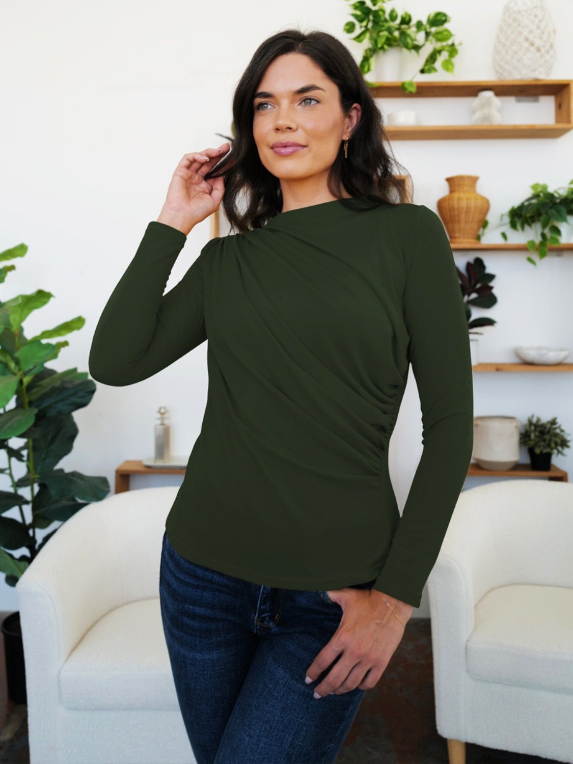 FAM - FAM Ruched Mock Neck Long Sleeve T-Shirt - Mervyns