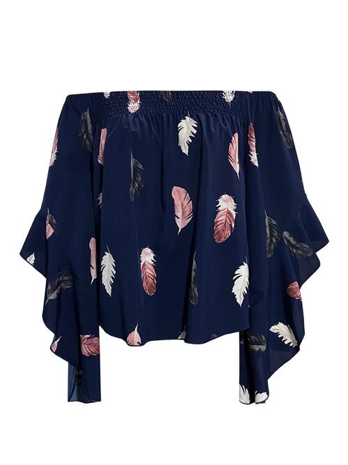 Feather Print Smocked Off - Shoulder Blouse - Mervyns