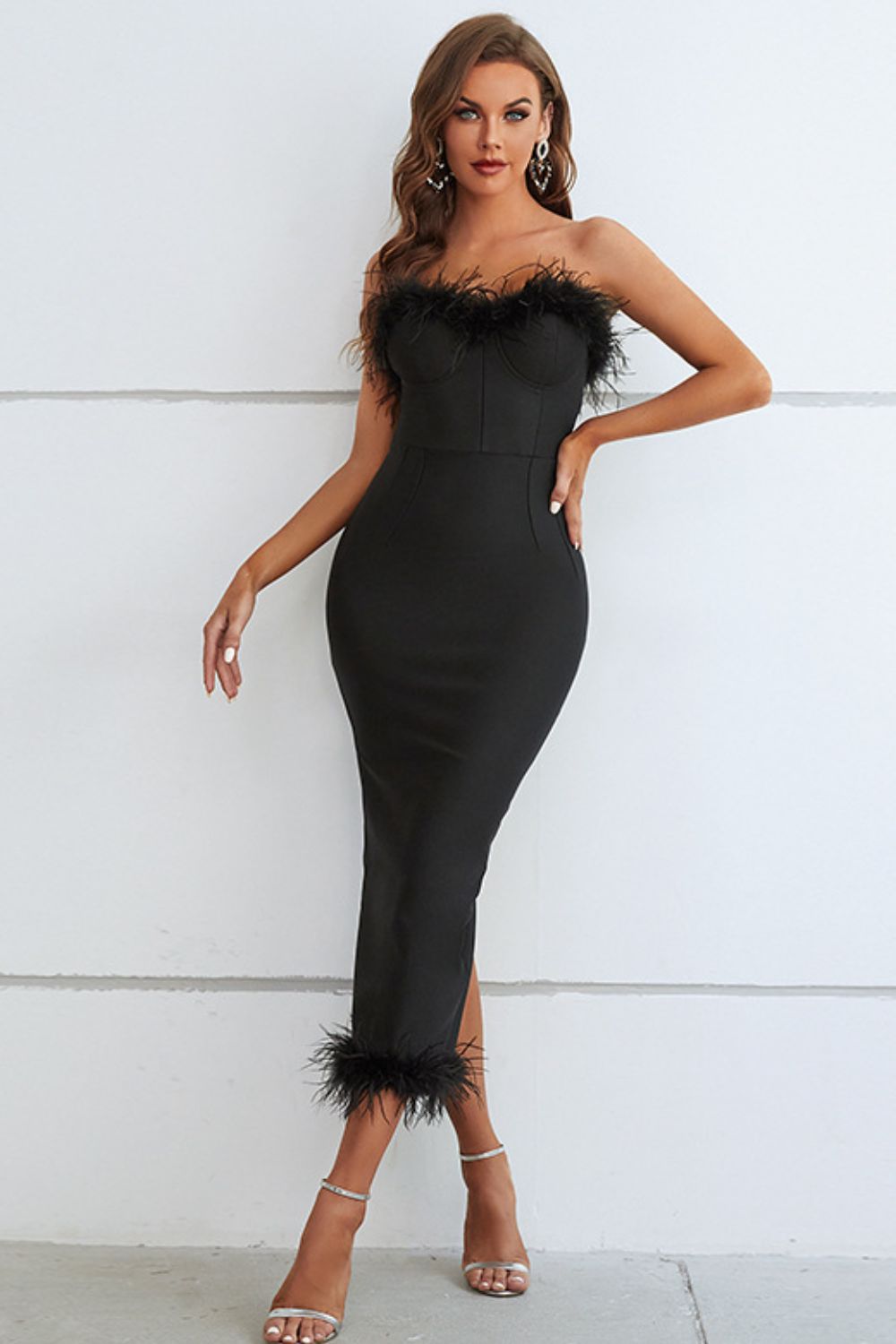 Feather Trim Strapless Sweetheart Neck Dress - Mervyns