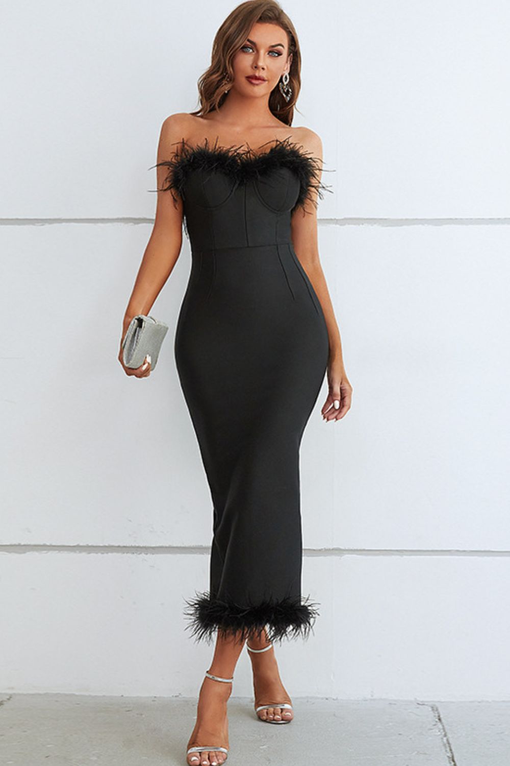 Feather Trim Strapless Sweetheart Neck Dress - Mervyns