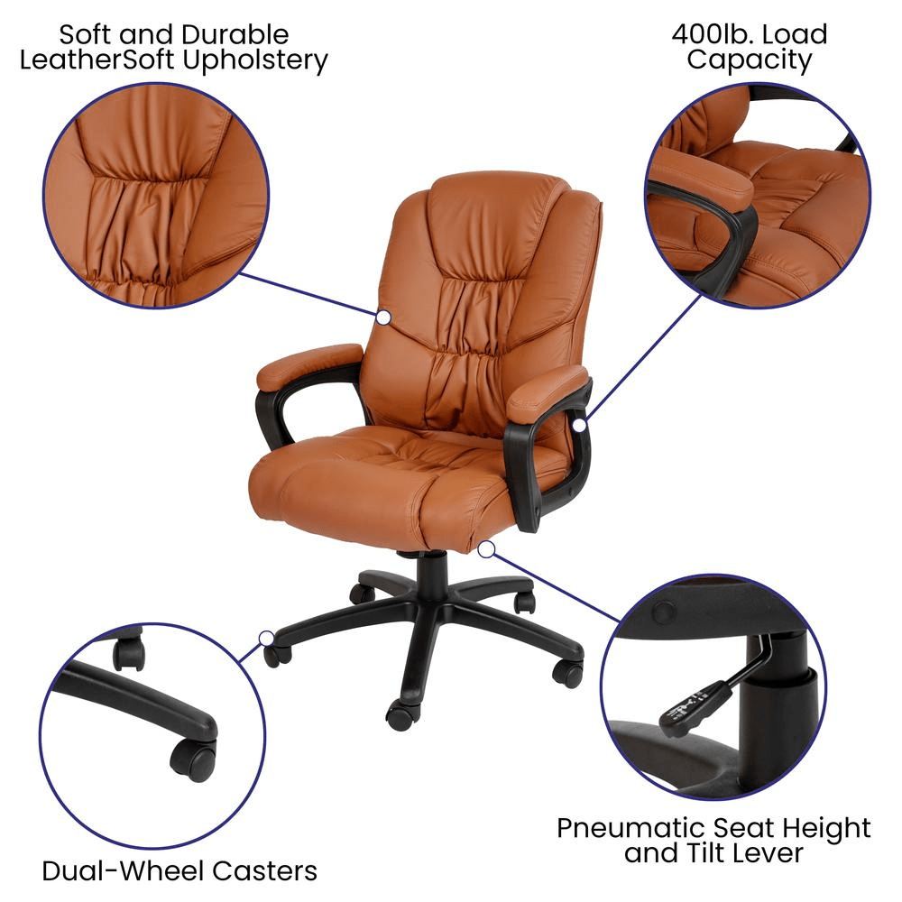 Flash Fundamentals Big & Tall 400 lb. Rated Brown LeatherSoft Swivel Office Chair with Padded Arms, BIFMA Certified - Mervyns